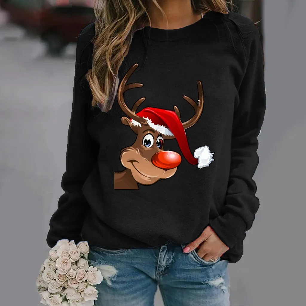 Fashion elk pattern printed long-sleeved round neck sweater women