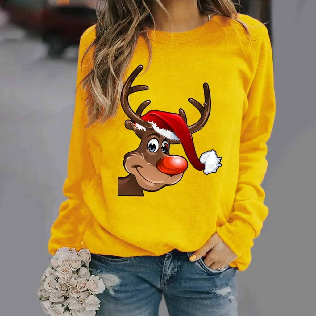 Fashion elk pattern printed long-sleeved round neck sweater women