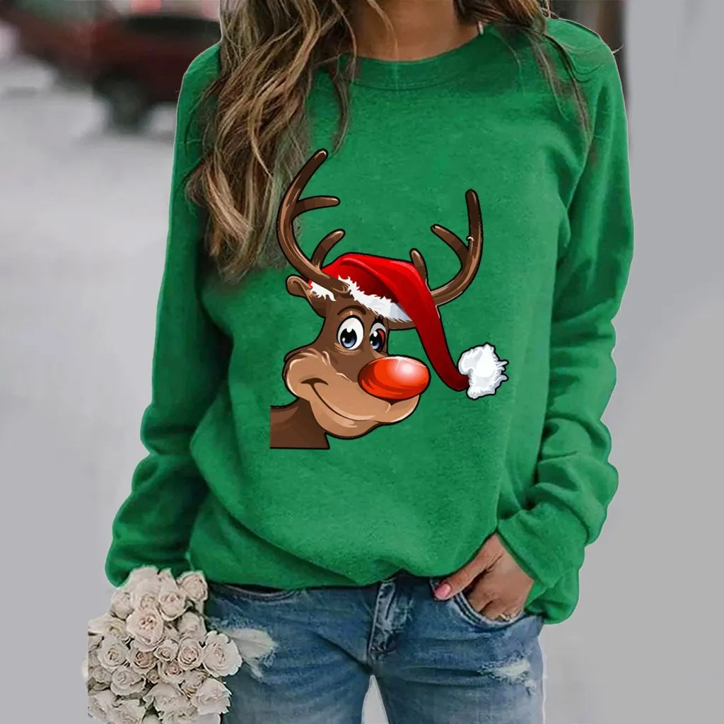 Fashion elk pattern printed long-sleeved round neck sweater women