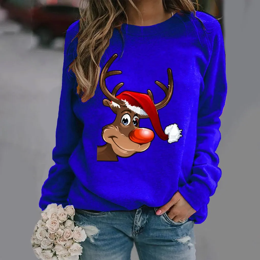 Fashion elk pattern printed long-sleeved round neck sweater women