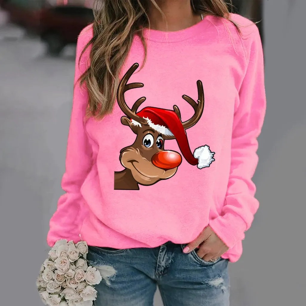 Fashion elk pattern printed long-sleeved round neck sweater women