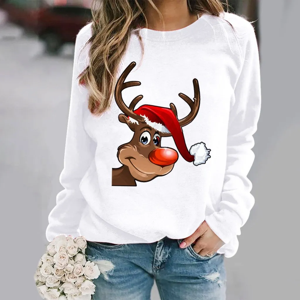 Fashion elk pattern printed long-sleeved round neck sweater women