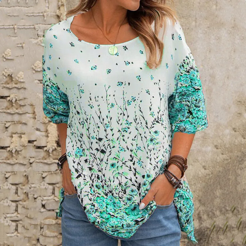 Fashion floral loose round neck short sleeve T-Shirt casual top