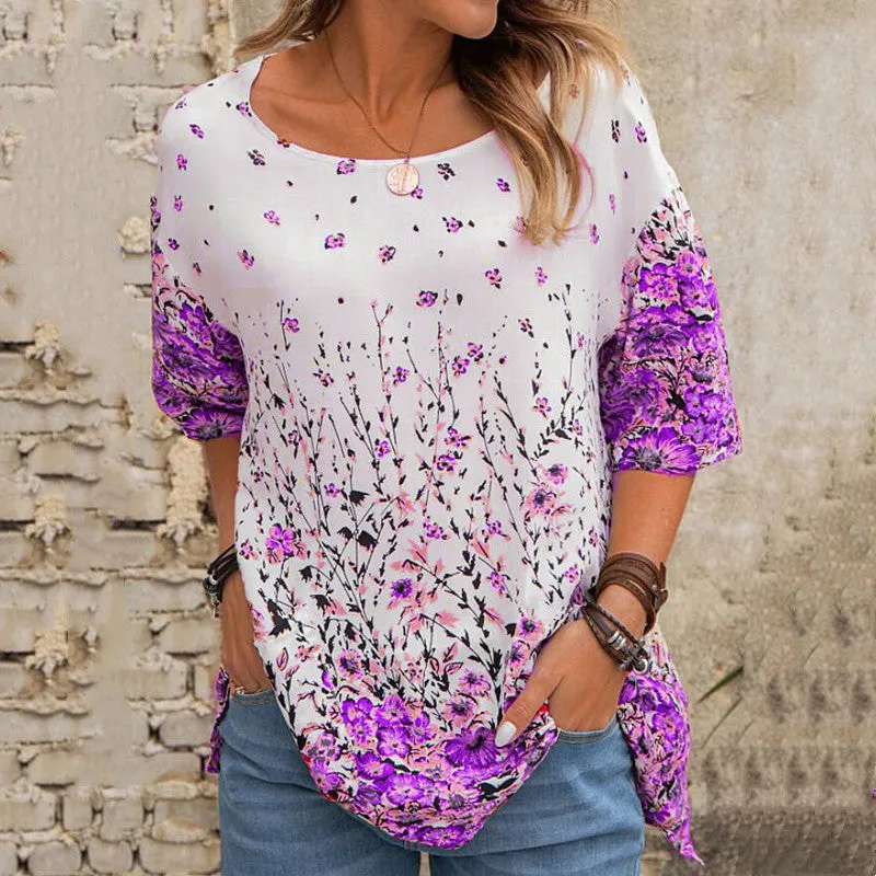 Fashion floral loose round neck short sleeve T-Shirt casual top