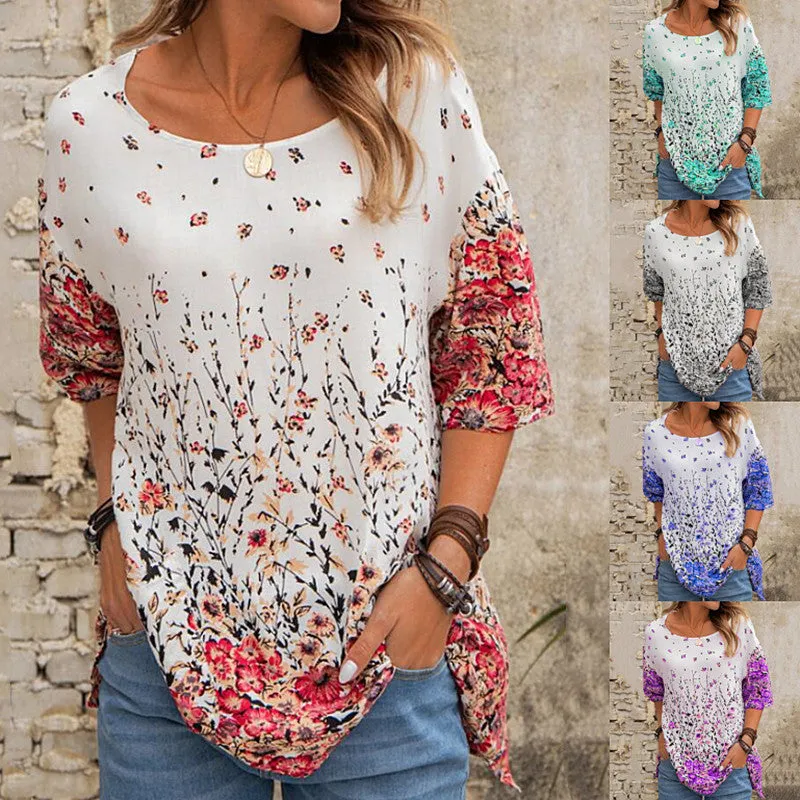 Fashion floral loose round neck short sleeve T-Shirt casual top