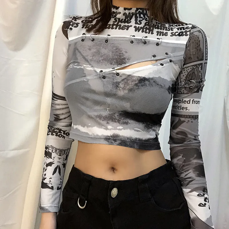 Fashion printed half high neck hollow crop top T-shirt