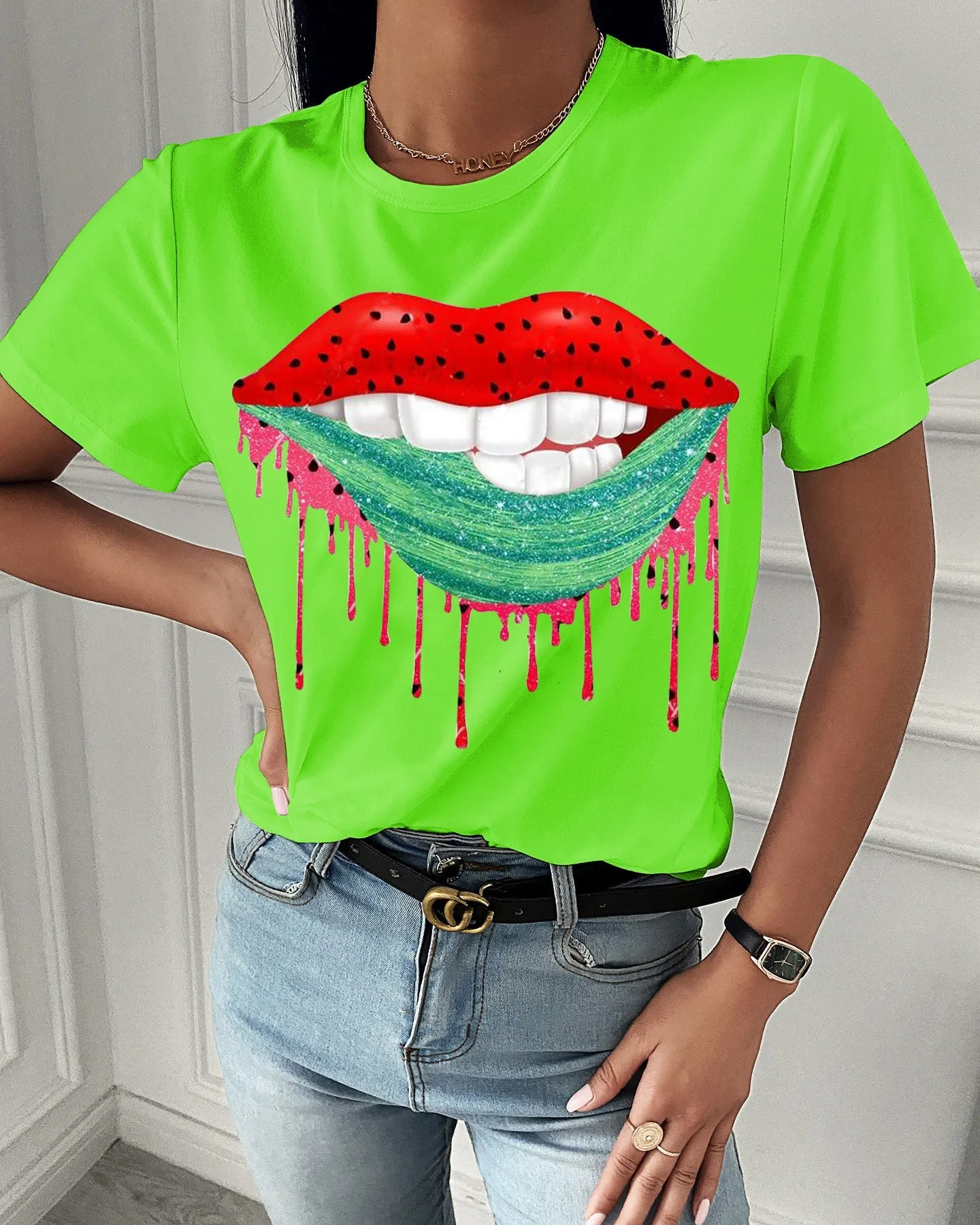 Fashion red lip printing short-sleeved T-shirt