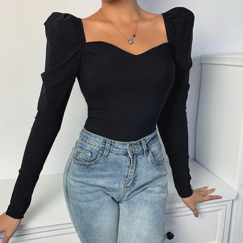 Fashion temperament sexy square neck slim long sleeve top