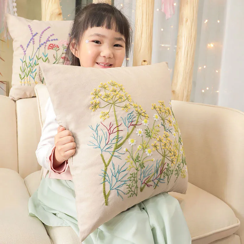 Floral Linen Cushion Cover DIY Embroidery Kit 42cm