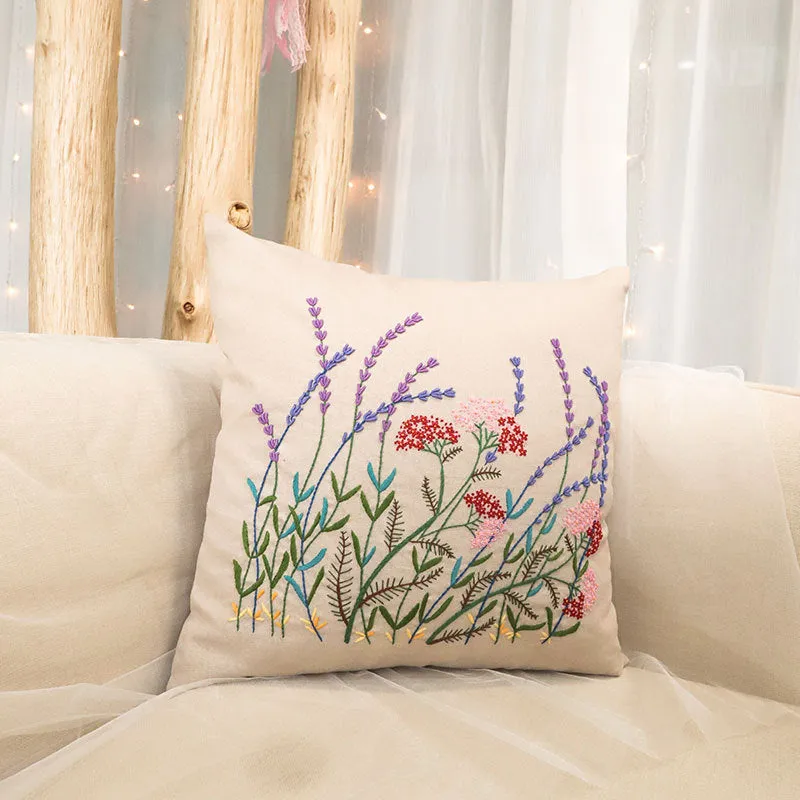 Floral Linen Cushion Cover DIY Embroidery Kit 42cm