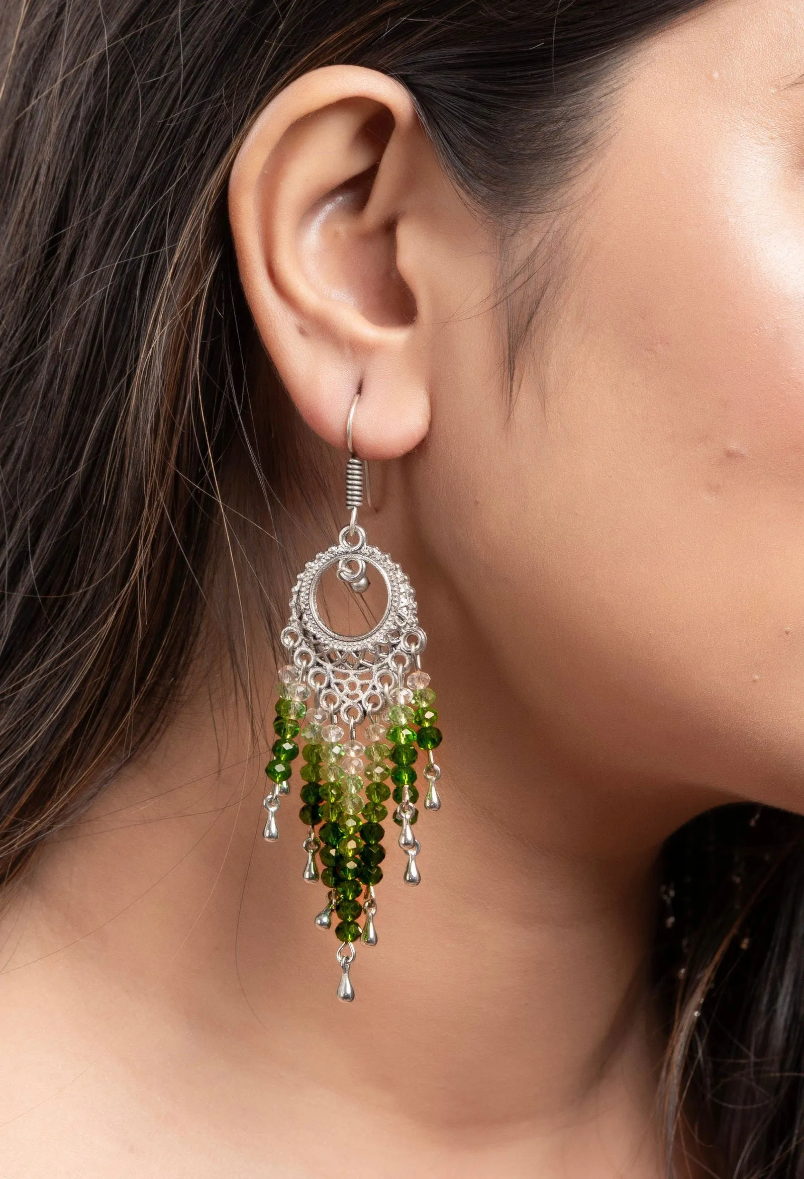 Handmade Jewelry With Crystals: Designer Oxidised Silver Earrings Featuring White & Green Crystals