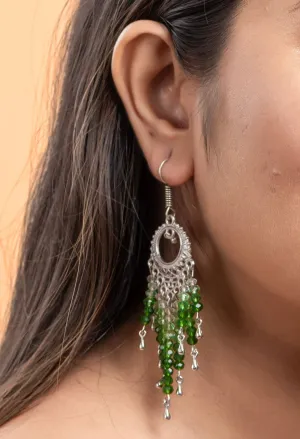 Handmade Jewelry With Crystals: Designer Oxidised Silver Earrings Featuring White & Green Crystals