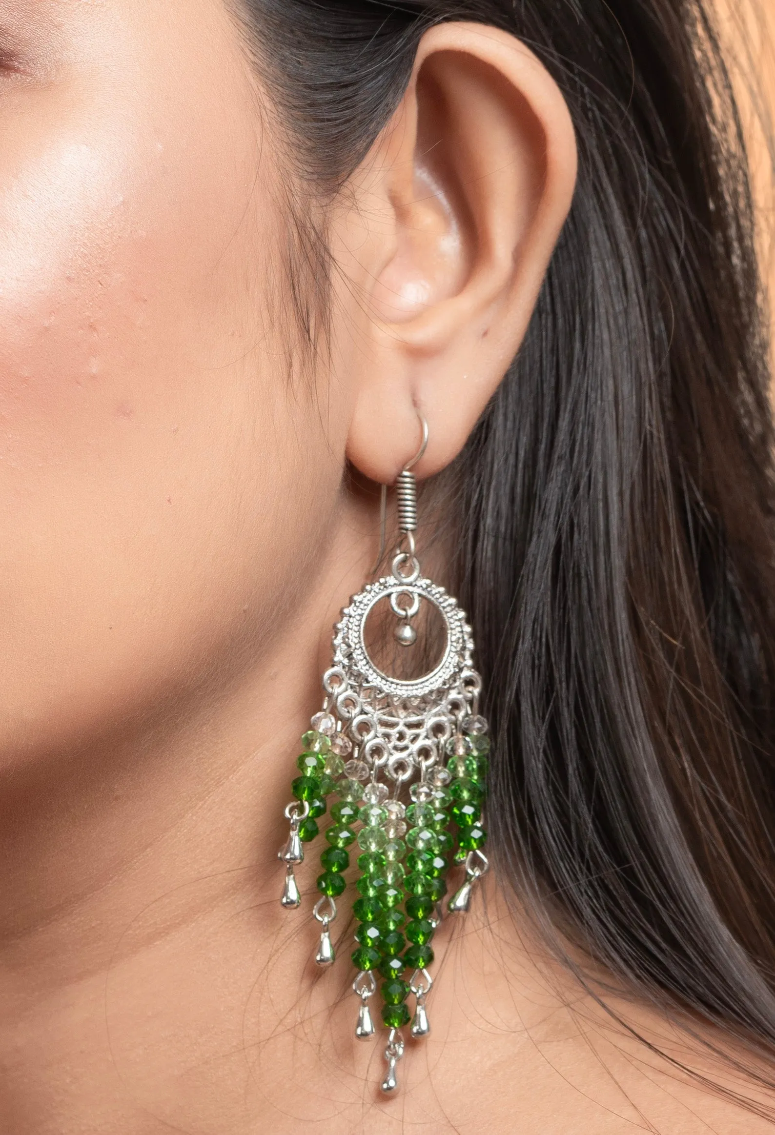 Handmade Jewelry With Crystals: Designer Oxidised Silver Earrings Featuring White & Green Crystals