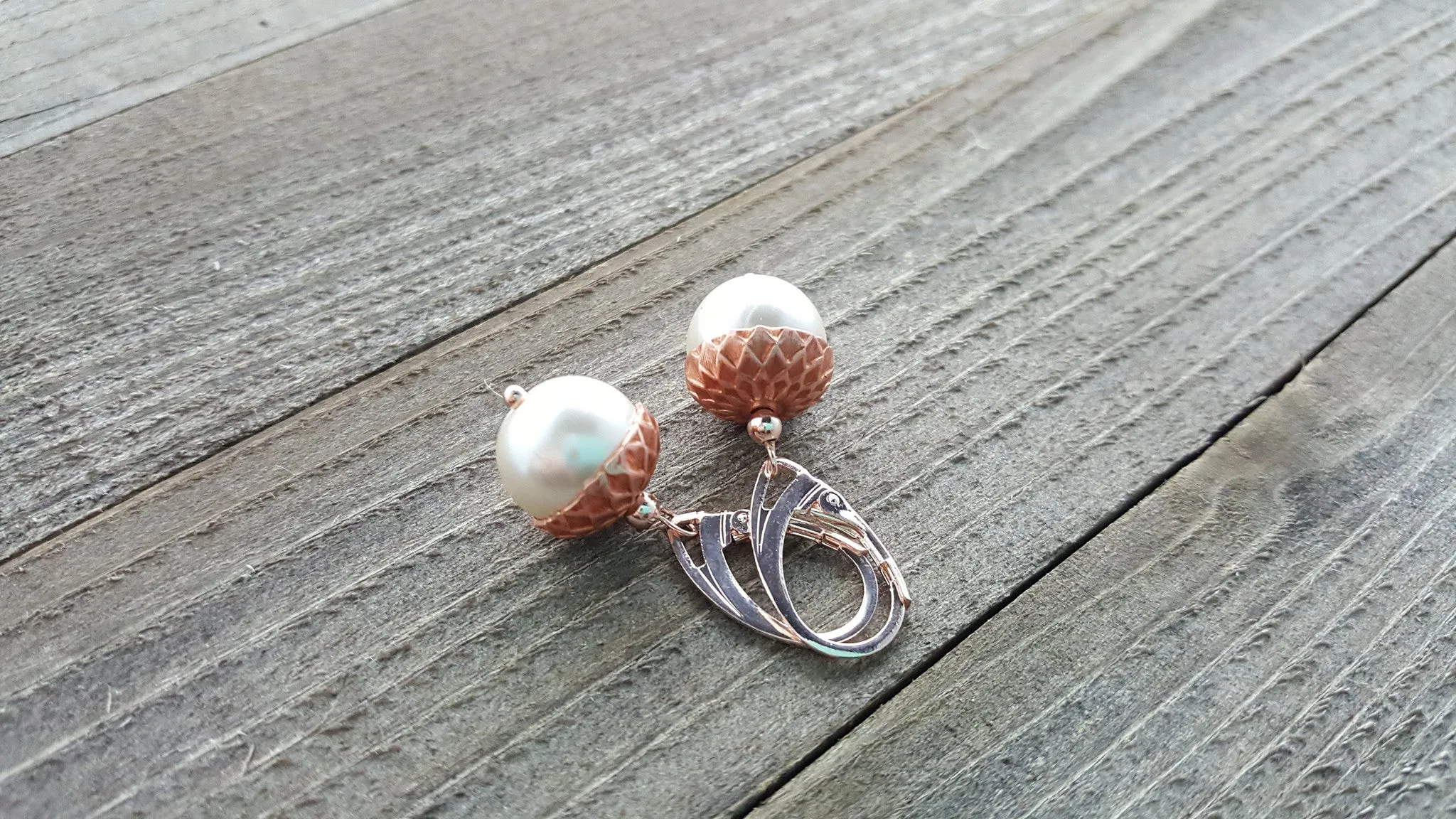 Handmade Rose Gold Pearl Acorn Earrings