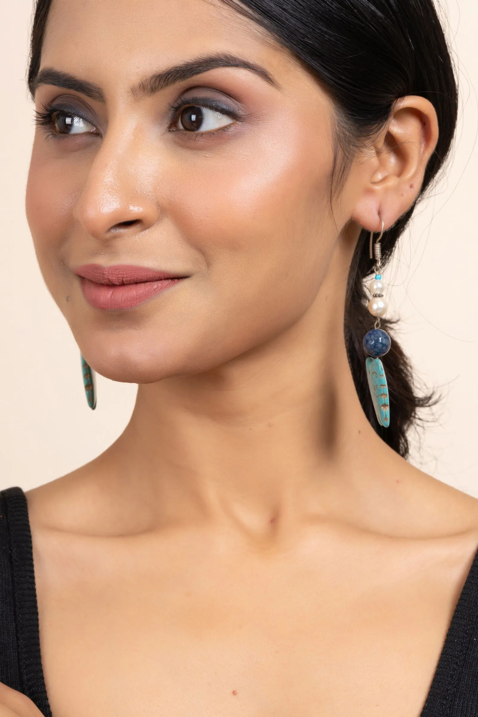 Handmade Semi Precious Blue Turquoise, Onyx & Pearl Butterfly Earrings for Women, Elegant Style