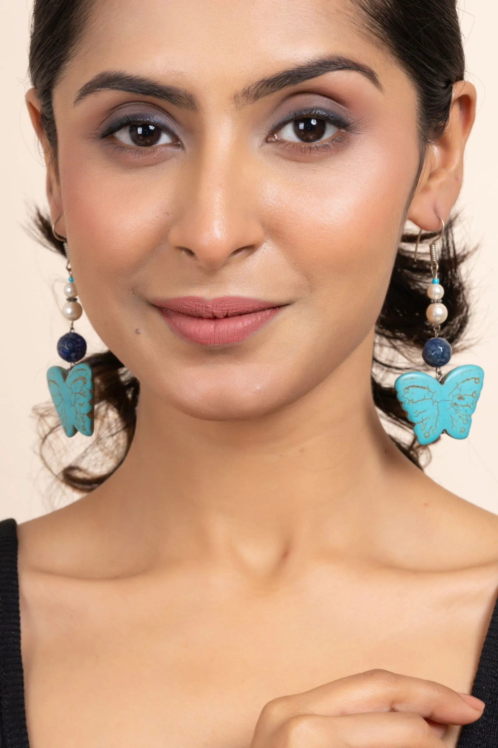 Handmade Semi Precious Blue Turquoise, Onyx & Pearl Butterfly Earrings for Women, Elegant Style