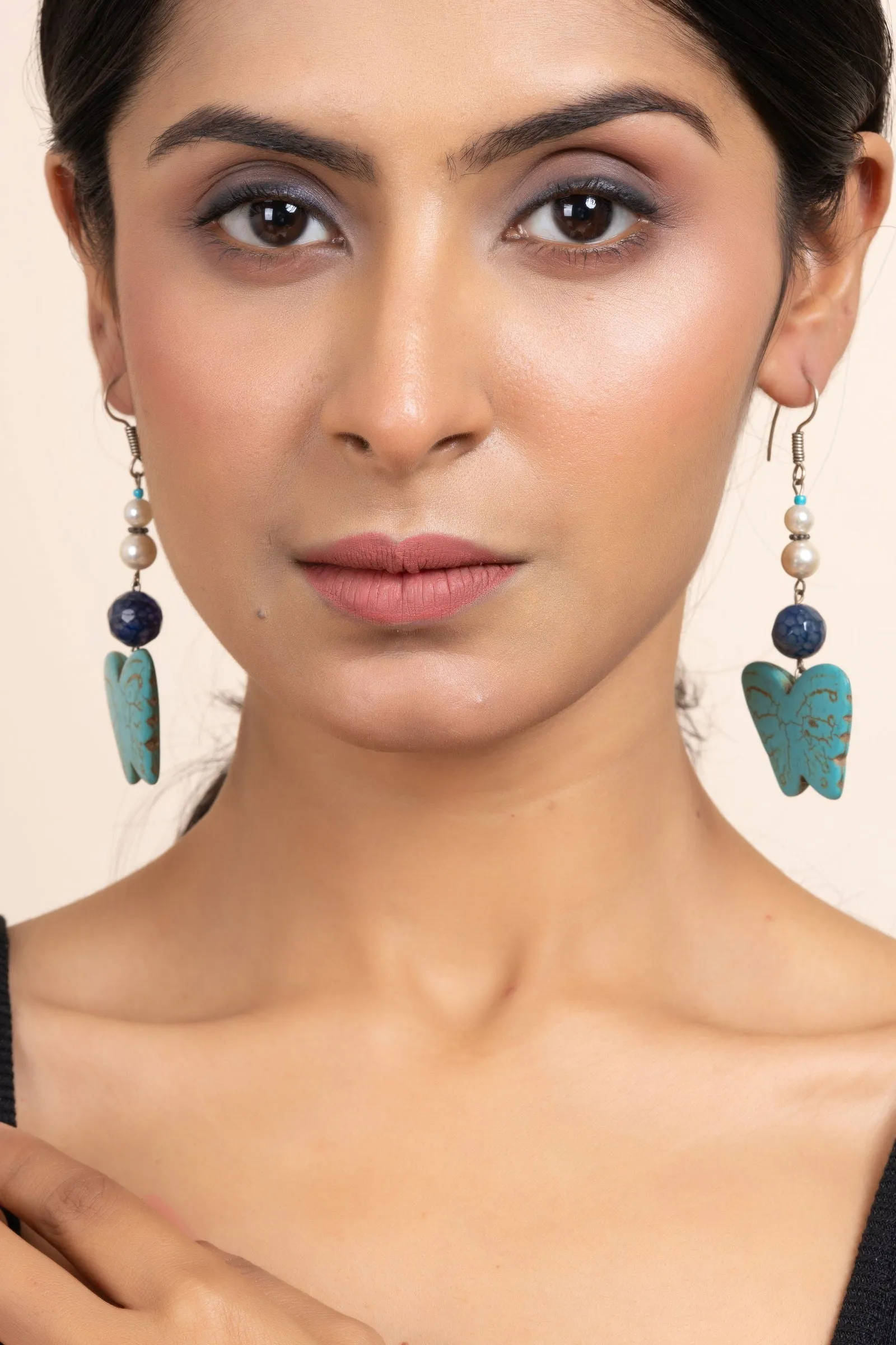 Handmade Semi Precious Blue Turquoise, Onyx & Pearl Butterfly Earrings for Women, Elegant Style