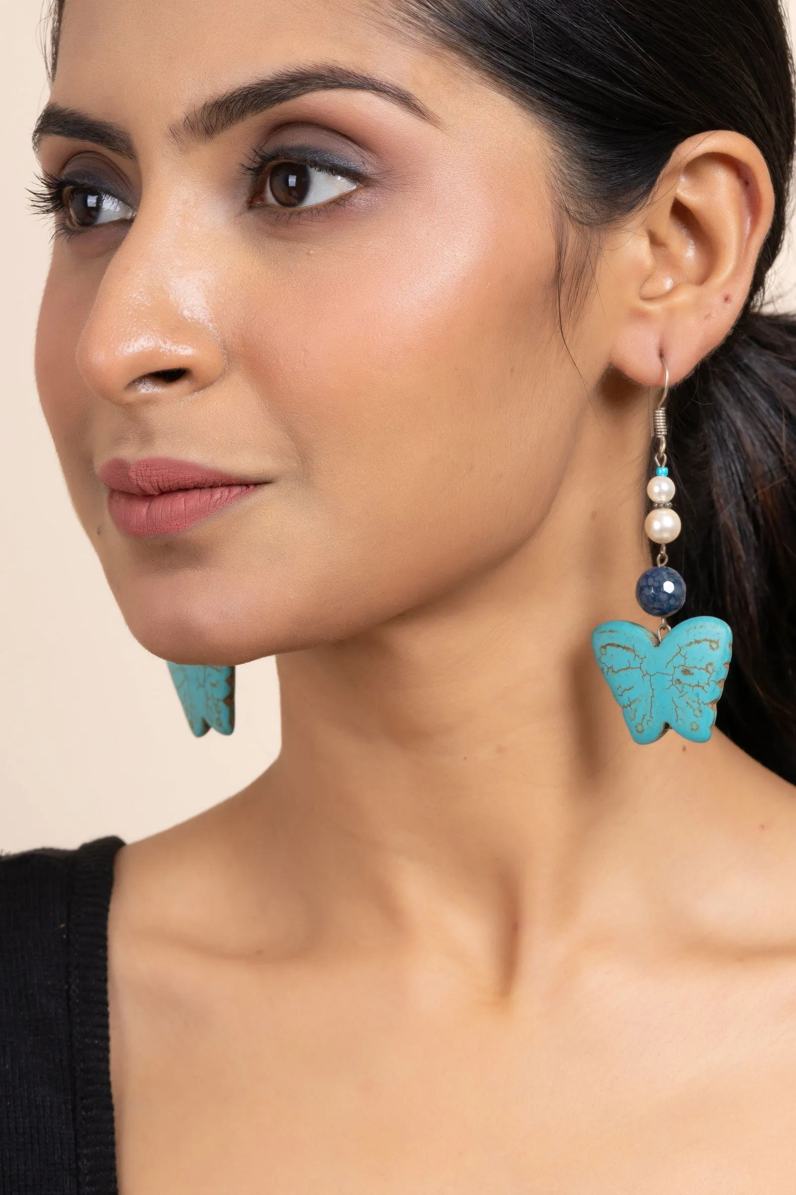 Handmade Semi Precious Blue Turquoise, Onyx & Pearl Butterfly Earrings for Women, Elegant Style