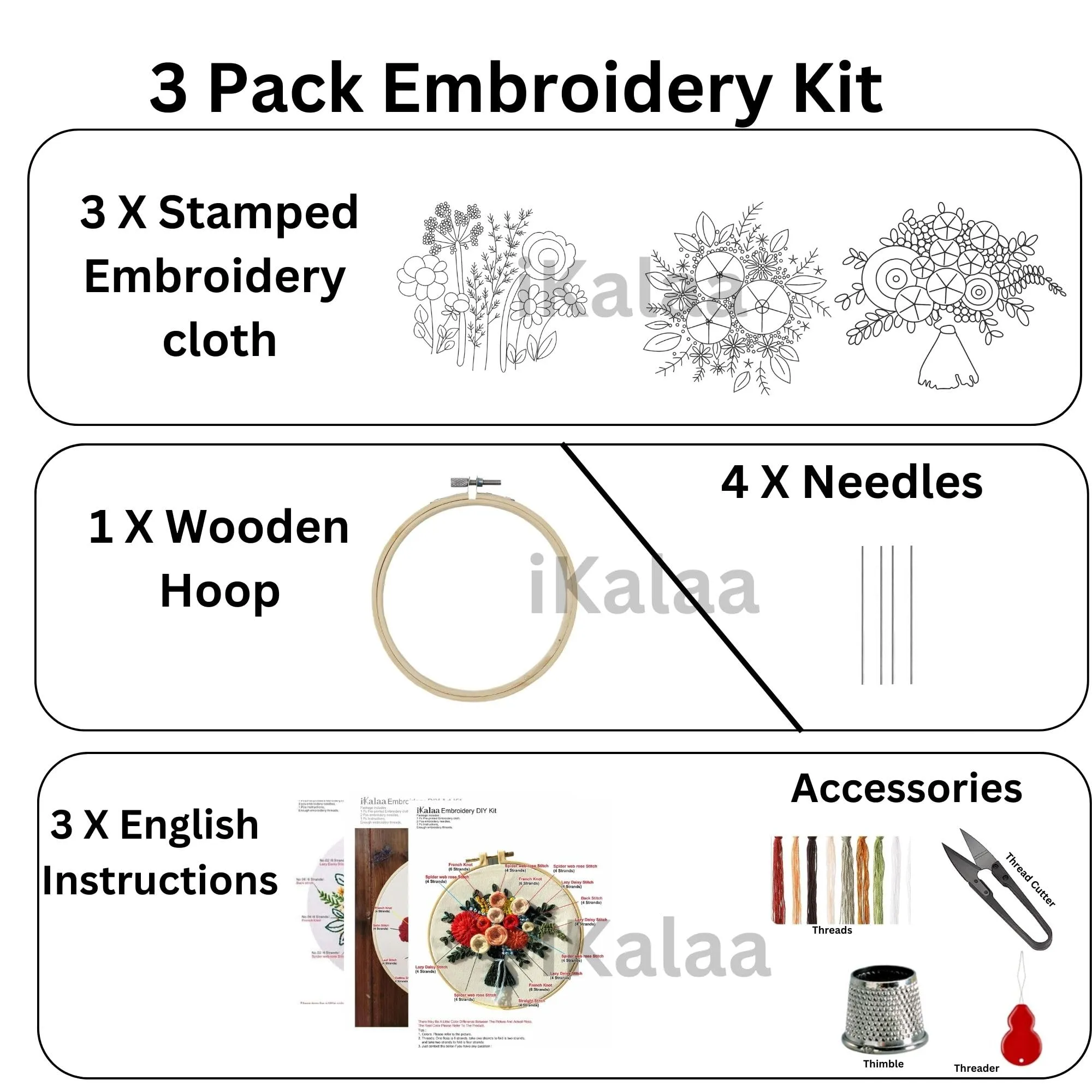 iKalaa Complete Embroidery Kit - Beginner's Delight (Combo) | 3 Design with Various Accessories Plus 1 Hoop