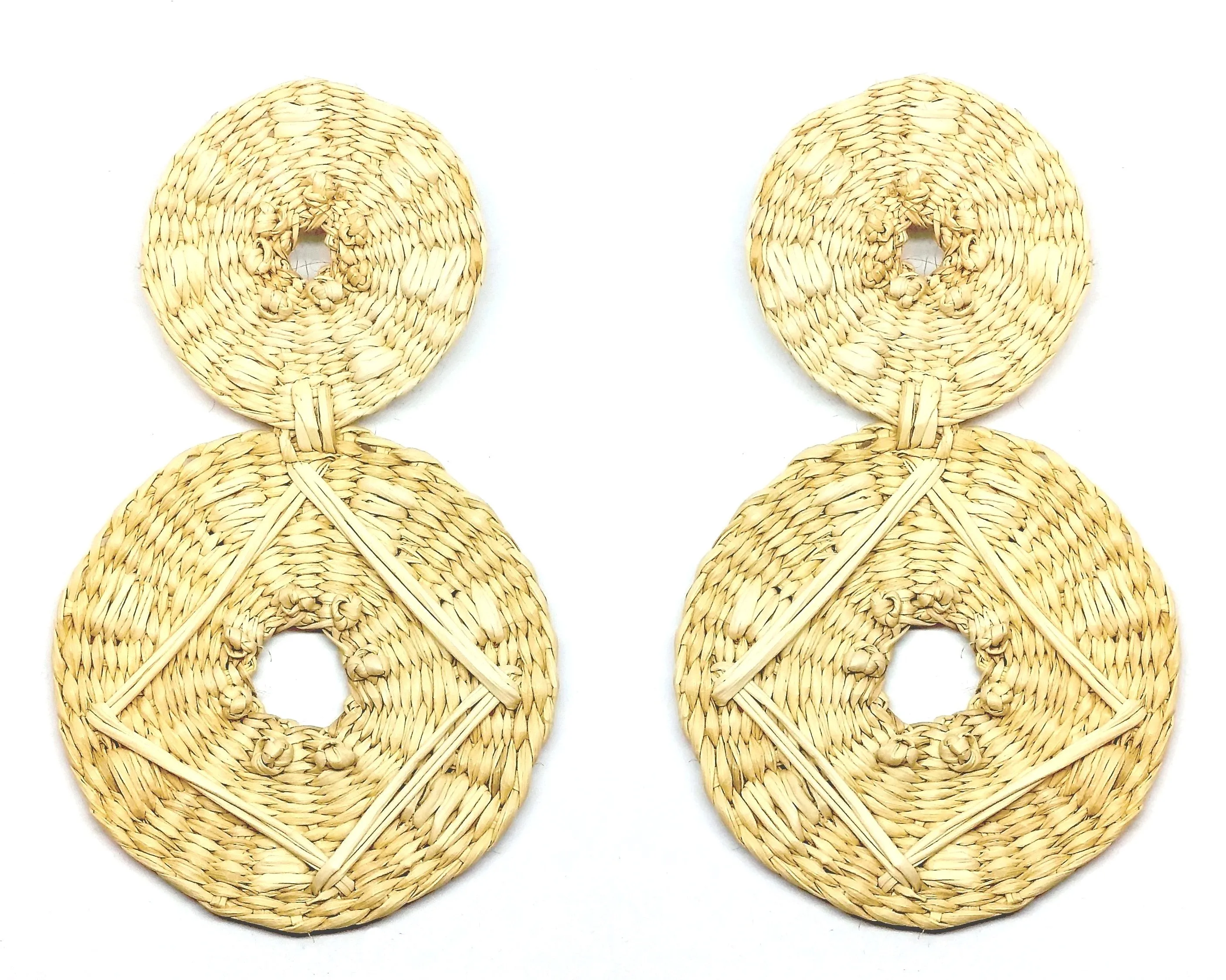 Large double disc raffia earrings in Natural with embroidered design