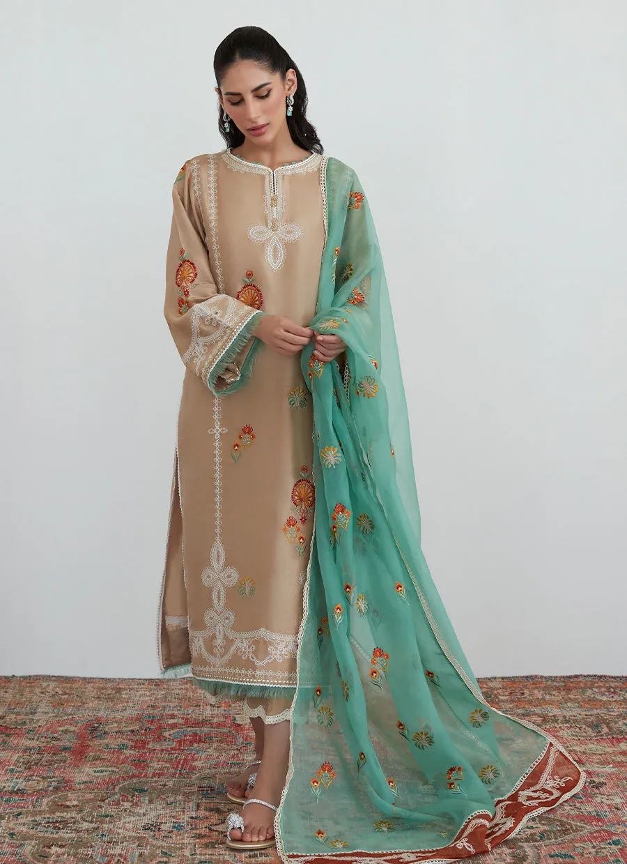 Latte Embroidered Shirt with Organza Dupatta