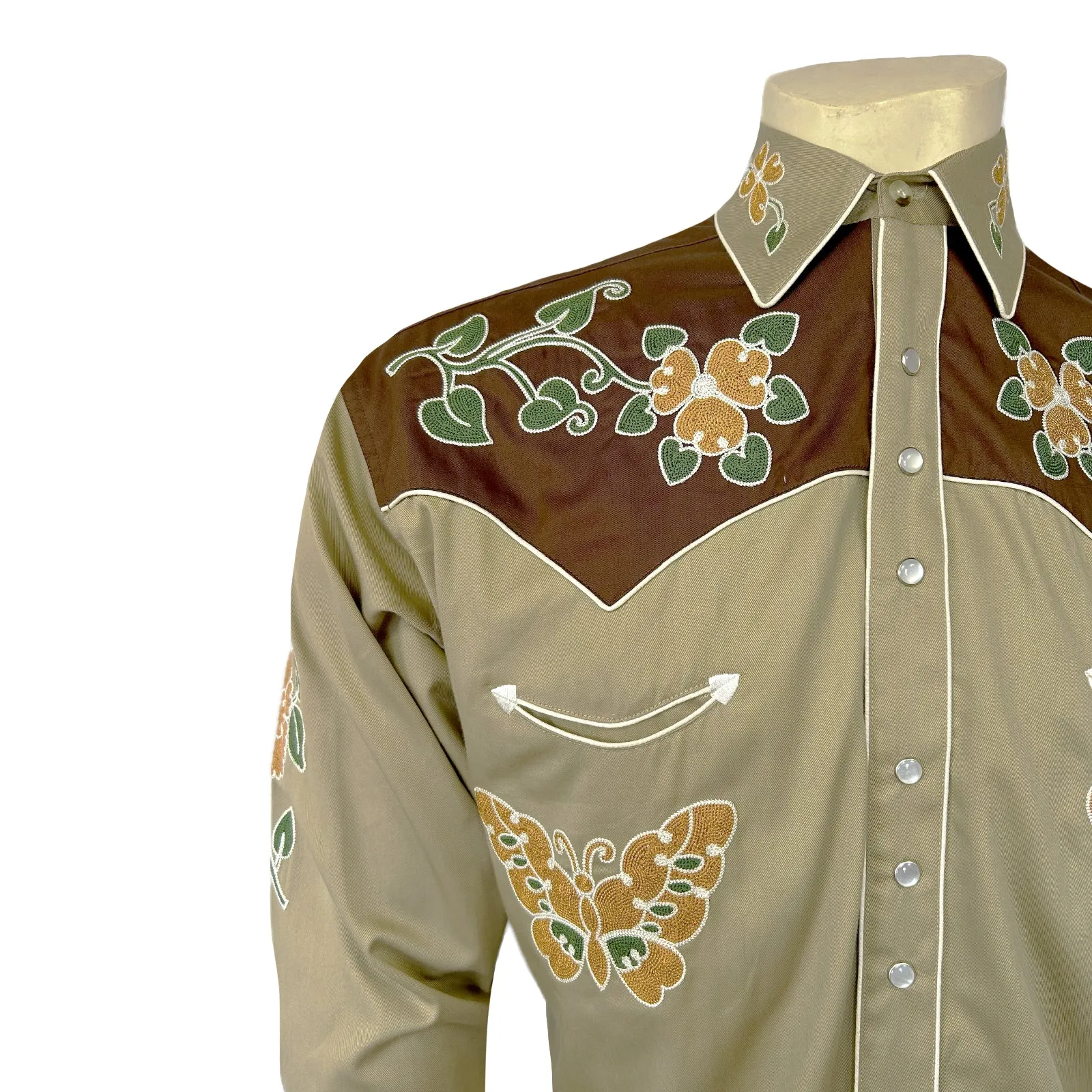 Men's Vintage Navy Floral Butterfly Embroidered Western Shirt