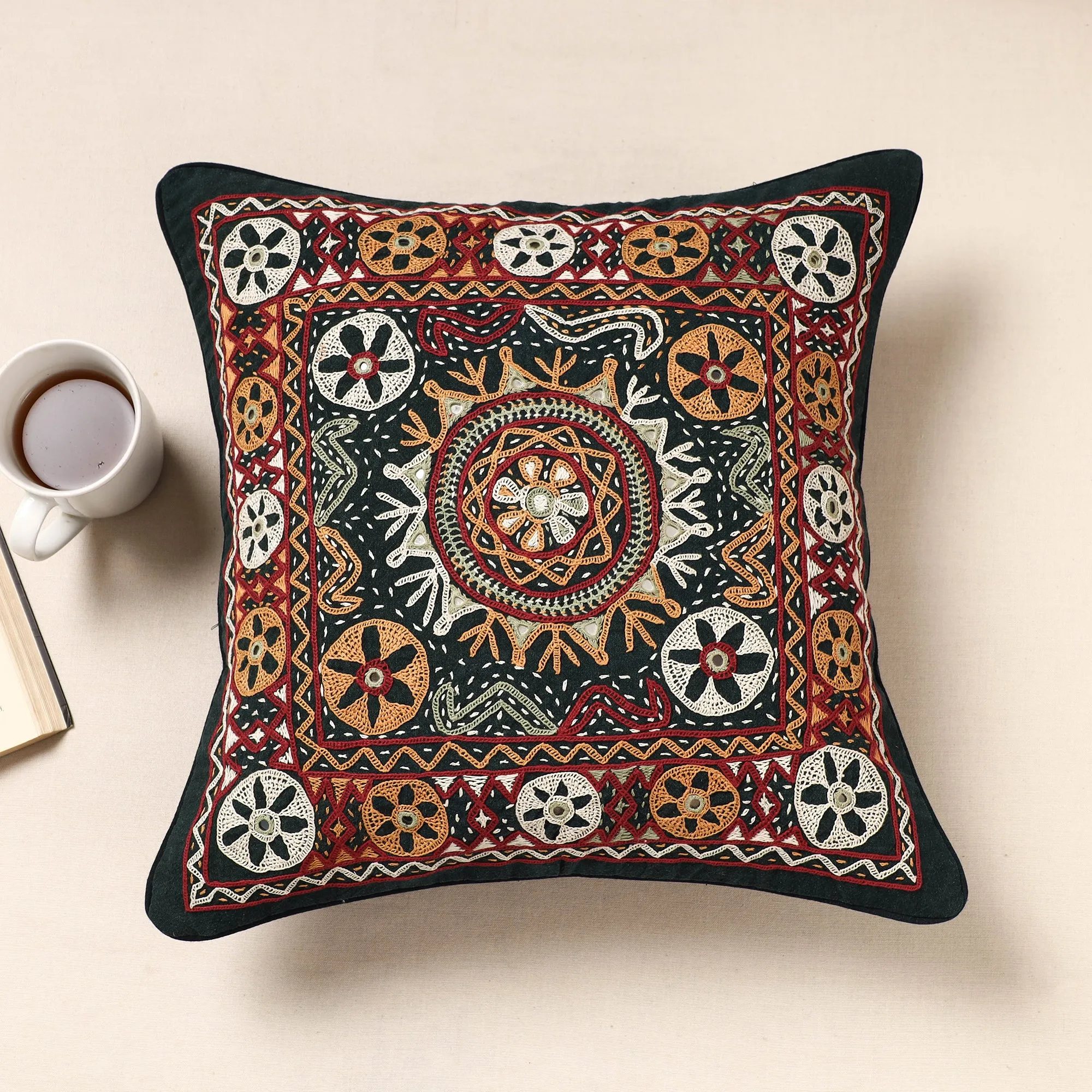 Multicolor - Kala Raksha Pakko Hand Embroidery Cotton Cushion Cover (16 x 16 in)