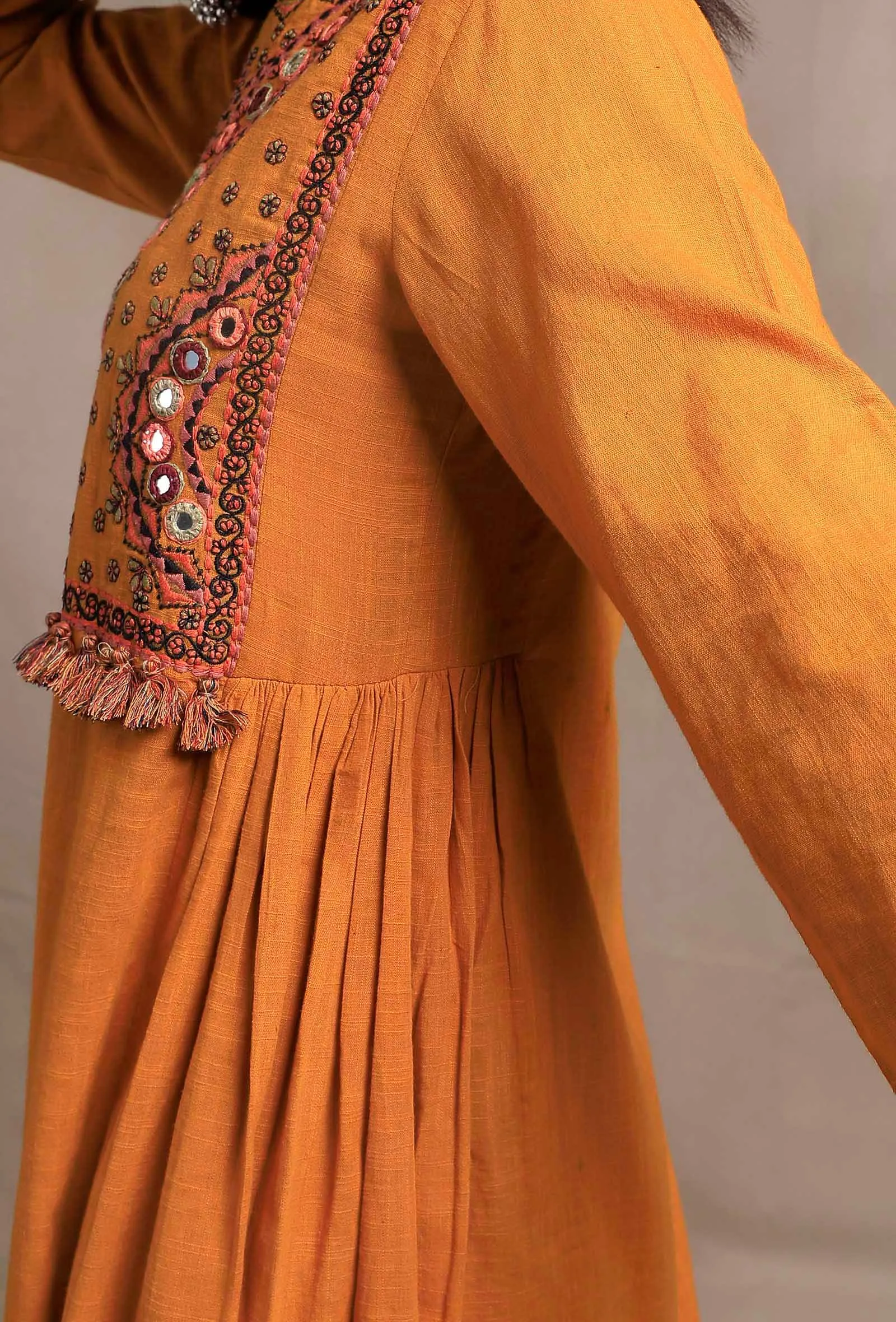 Mustard Yellow Front Embriodered Banjara Side Gathered Kurta