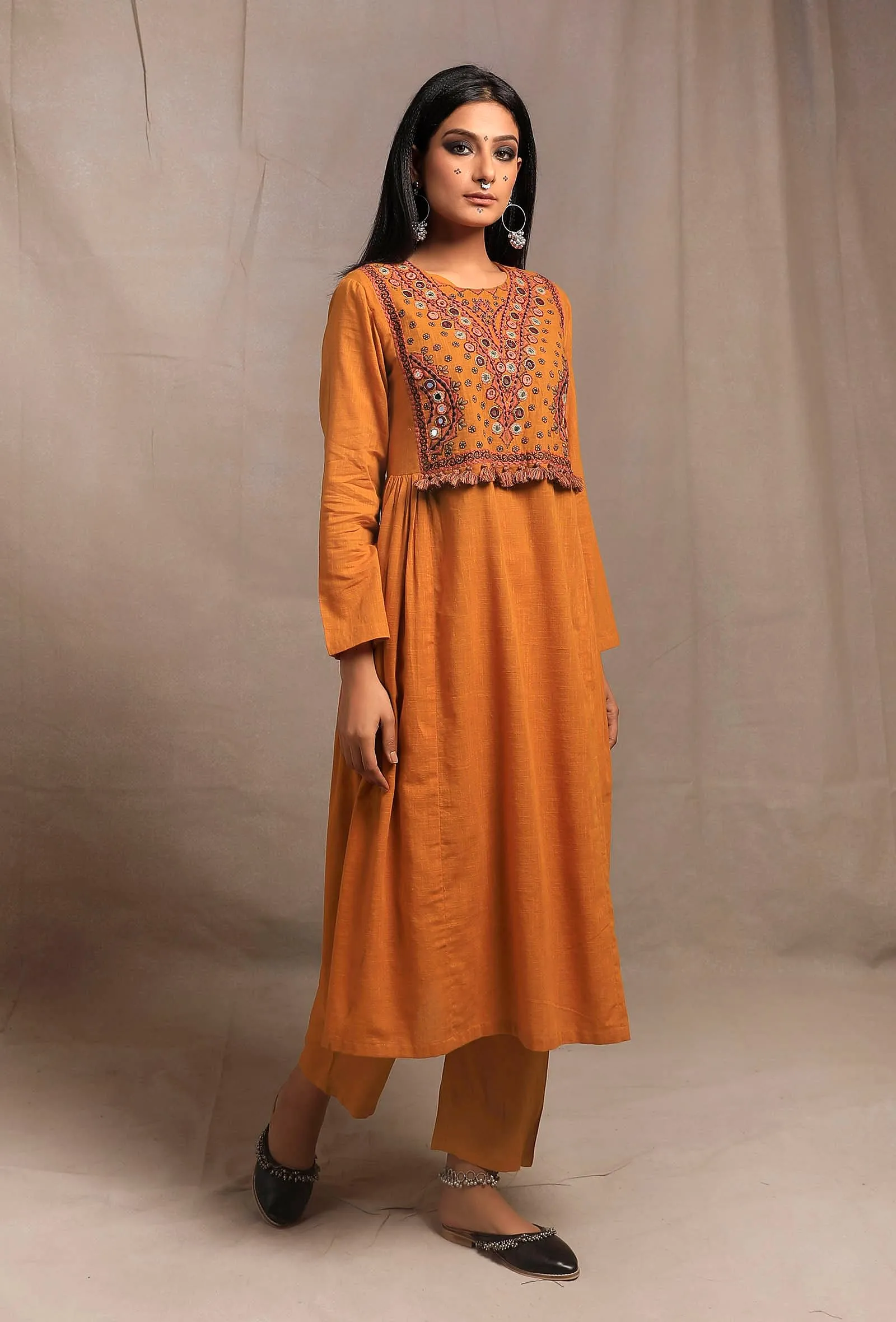 Mustard Yellow Front Embriodered Banjara Side Gathered Kurta