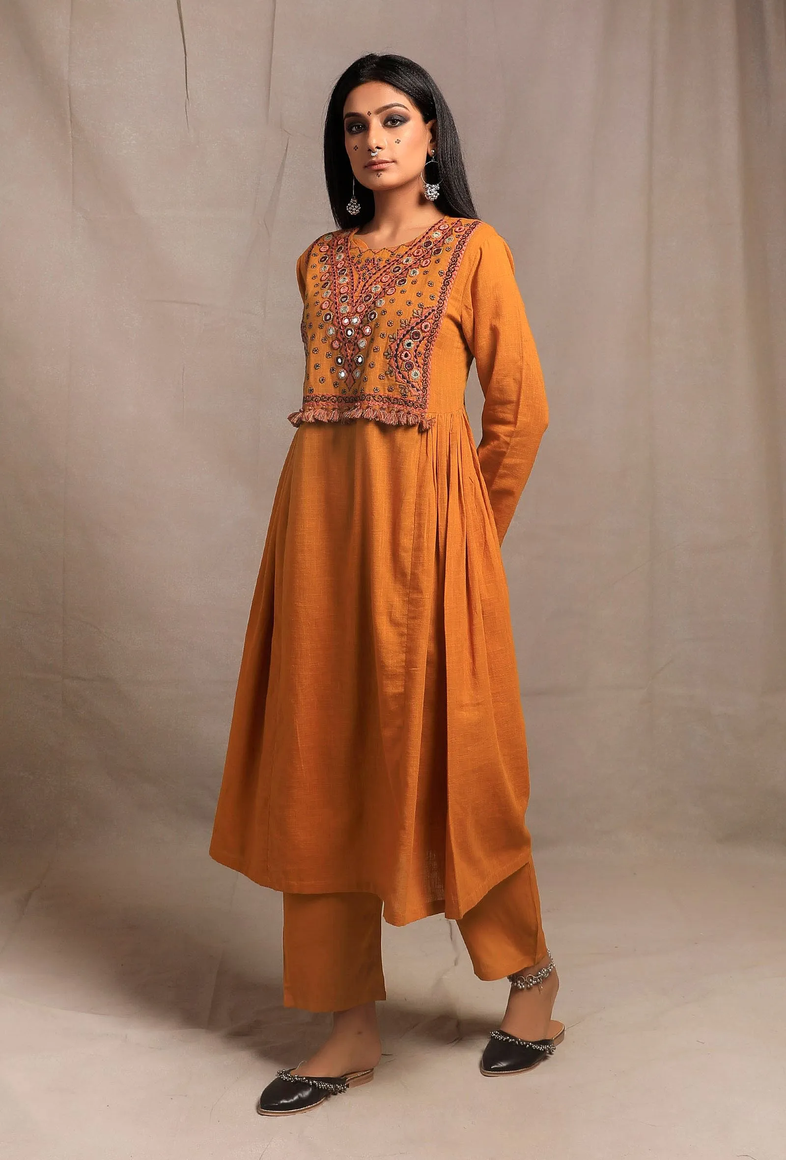 Mustard Yellow Front Embriodered Banjara Side Gathered Kurta