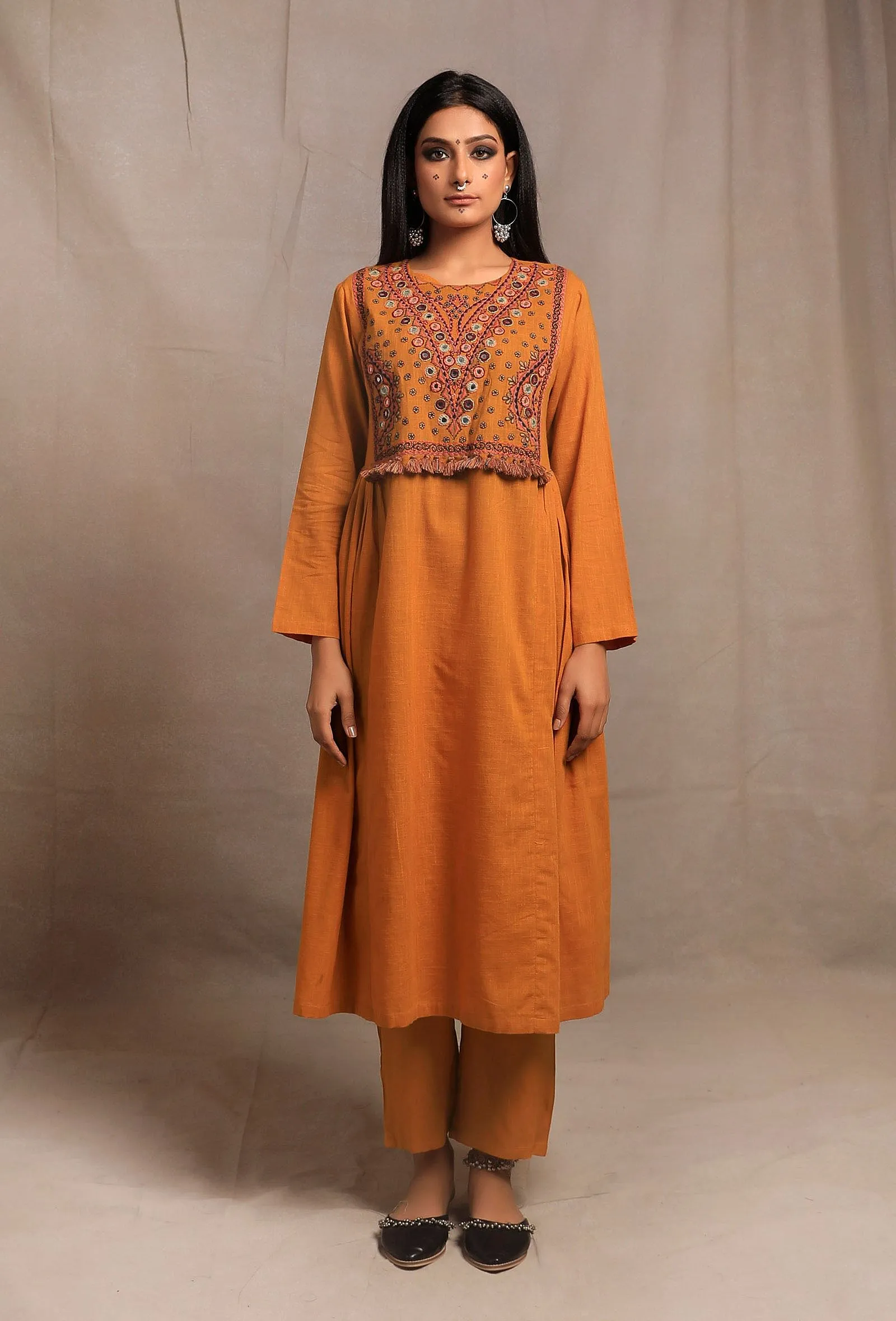 Mustard Yellow Front Embriodered Banjara Side Gathered Kurta