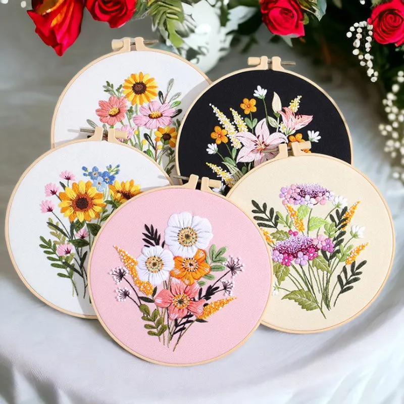 New Flower Bouquets Hand Embroidery DIY Kit 20cm