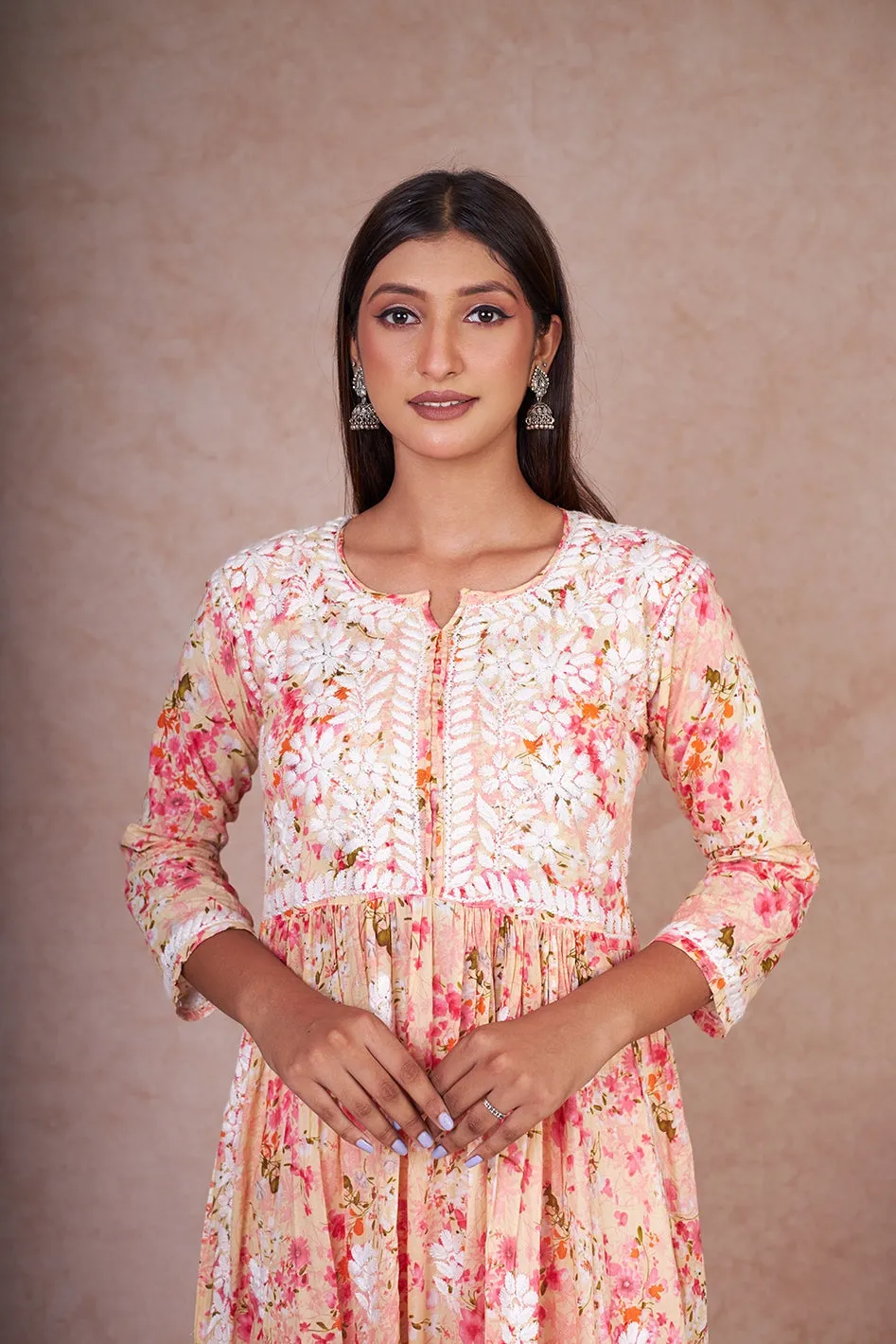 Nyra Cut Floral Mulmul Chikankari Kurta