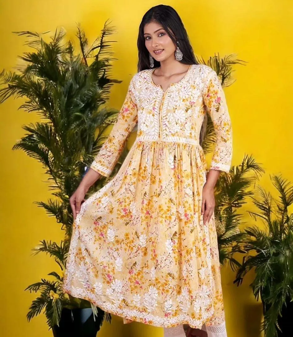 Nyra Cut Floral Mulmul Chikankari Kurta