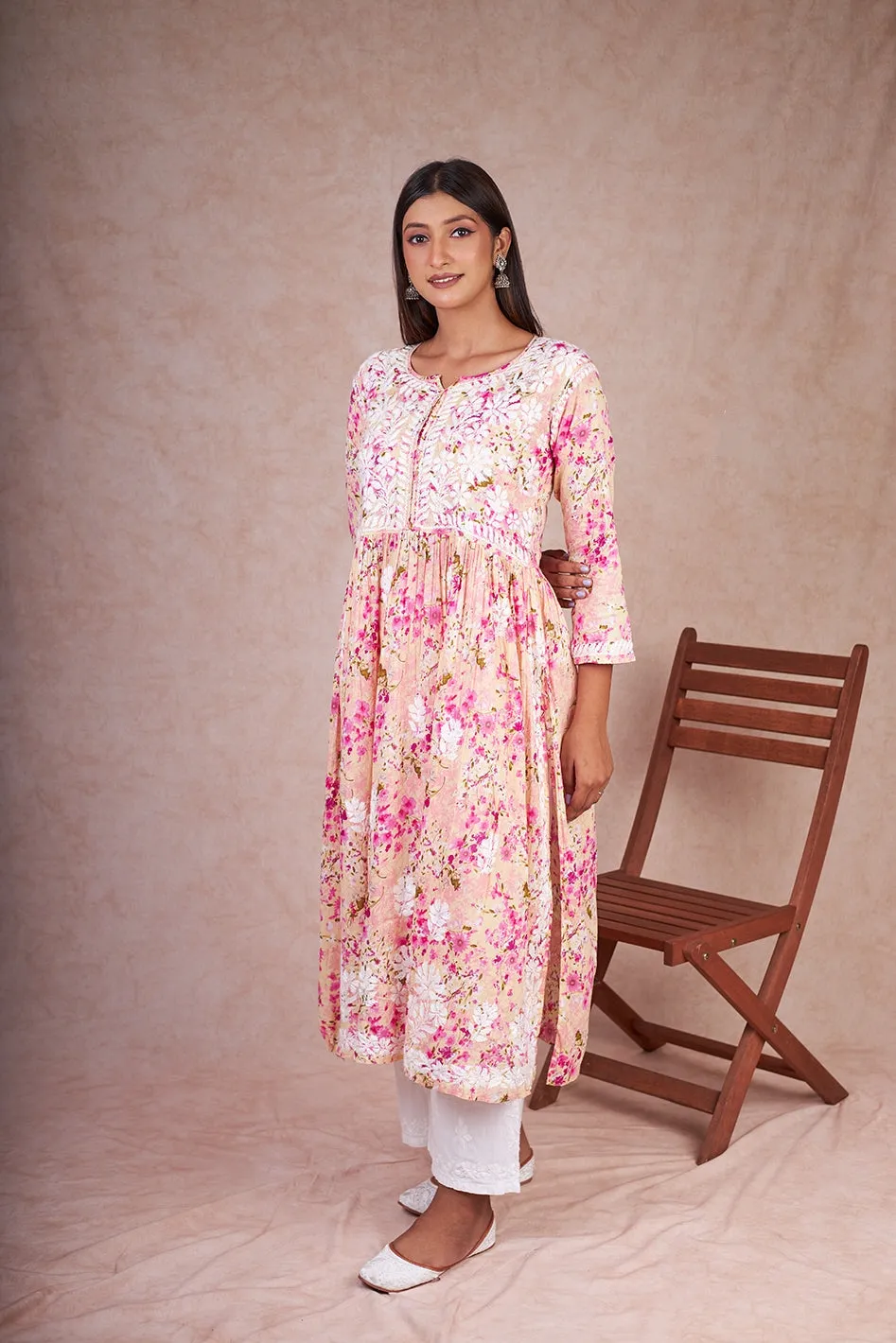 Nyra Cut Floral Mulmul Chikankari Kurta