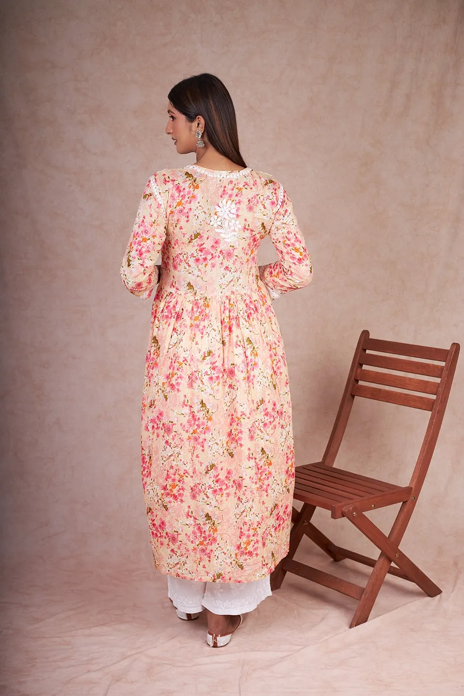 Nyra Cut Floral Mulmul Chikankari Kurta