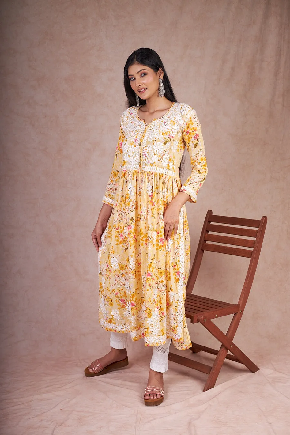 Nyra Cut Floral Mulmul Chikankari Kurta