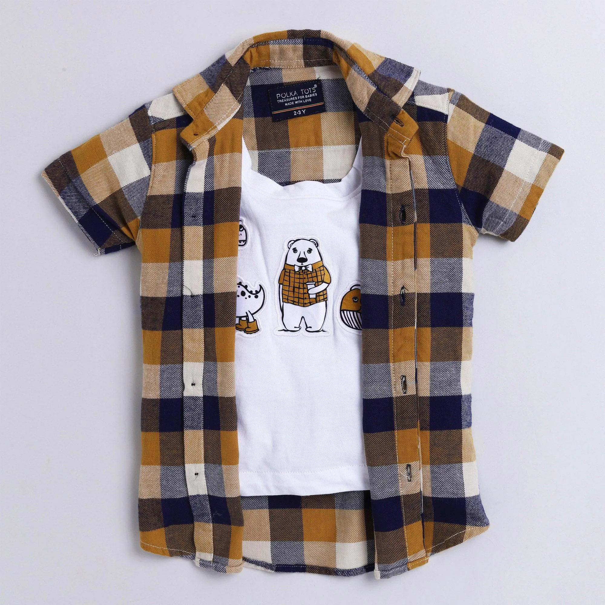 Polka Tots Full Half Sleeve Shirt With Inside Tshirt Polar Bear Patch - Yellow