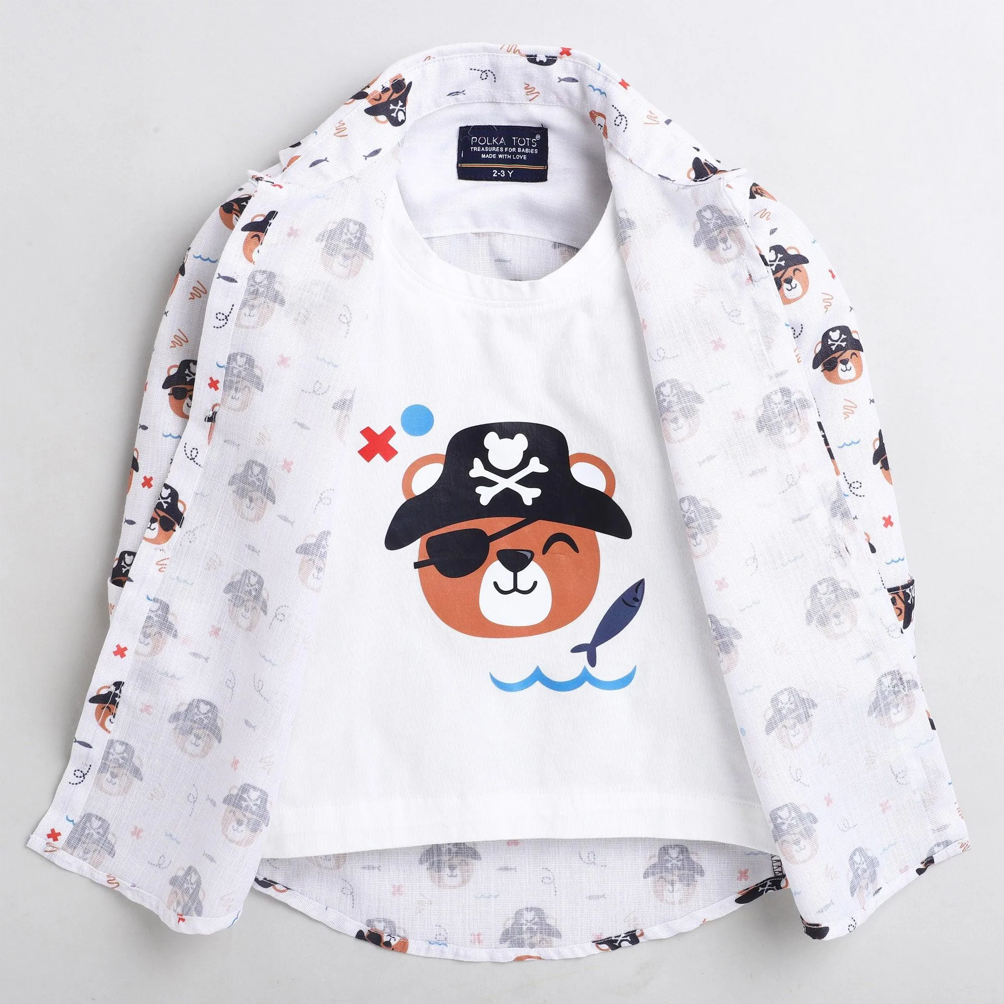 Polka Tots Full Sleeve Pirate Print Shirt With Attached Tshirt - White