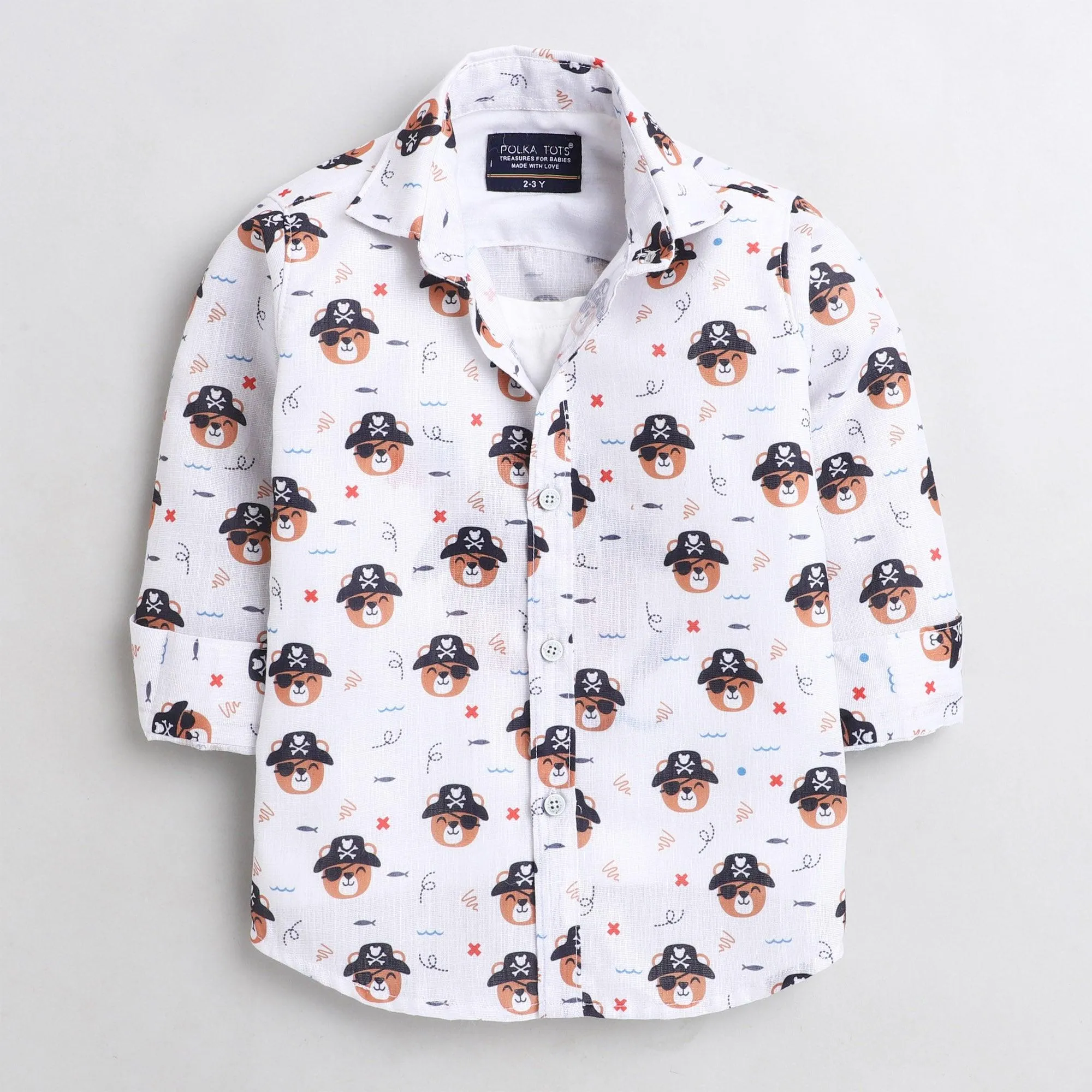 Polka Tots Full Sleeve Pirate Print Shirt With Attached Tshirt - White