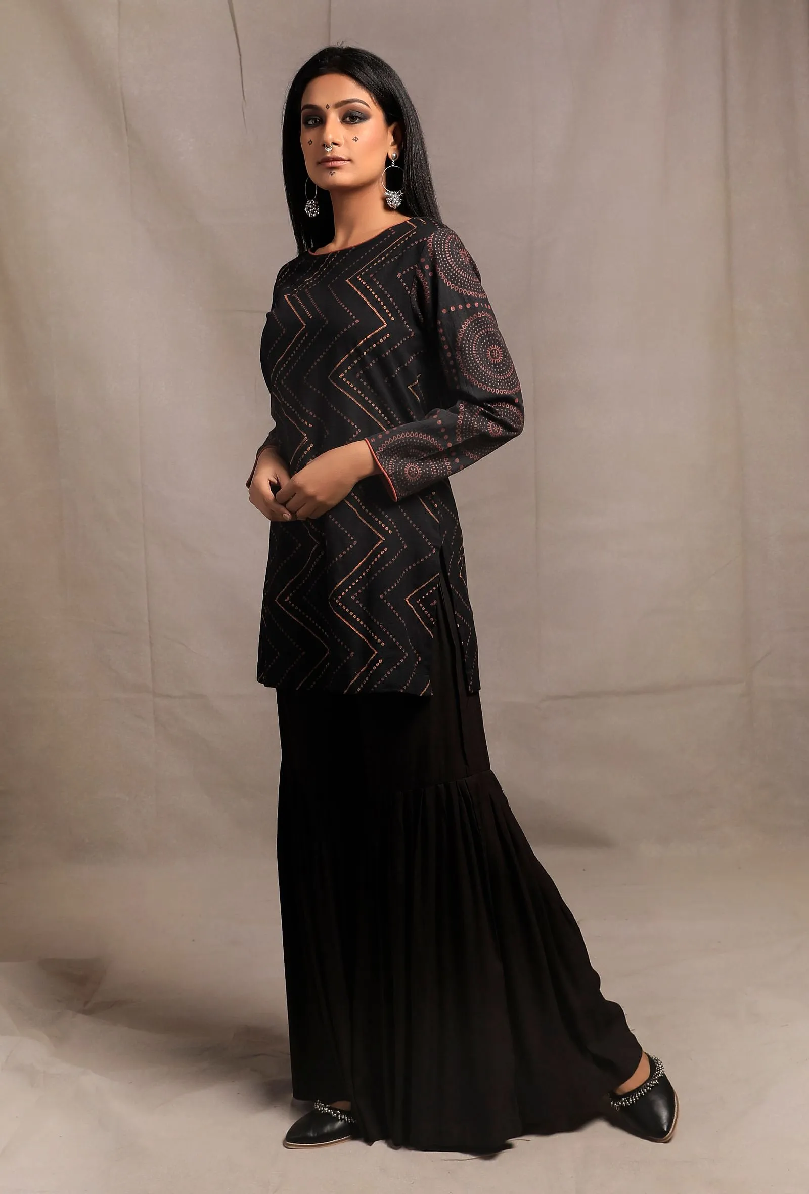 Set of 2: Black Hand Block Printed Straight Short Kurta with Black Solid Cotton Rayon Sharara