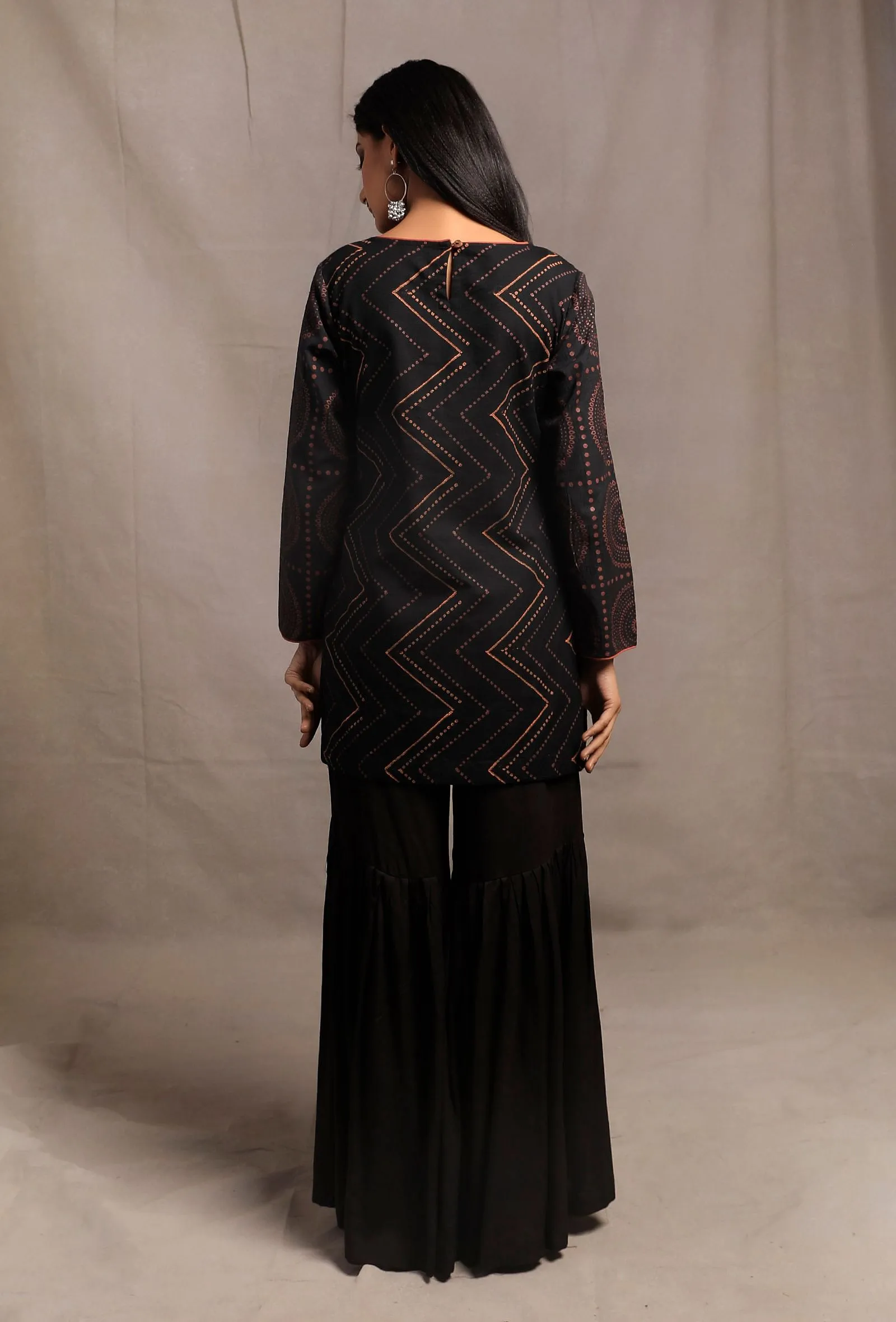 Set of 2: Black Hand Block Printed Straight Short Kurta with Black Solid Cotton Rayon Sharara