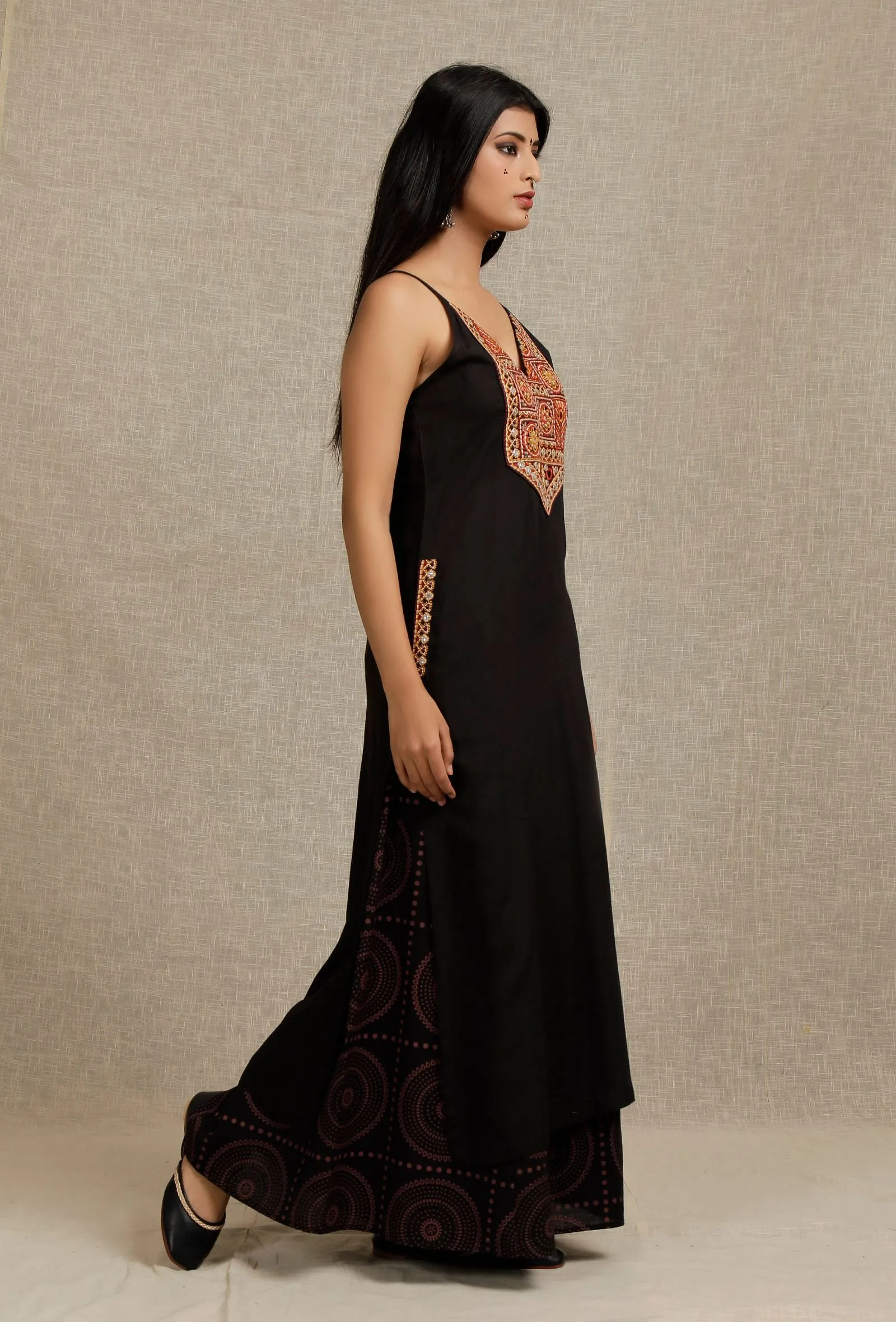 Solid Black Slip Kurta with Yoke Embroidery Details