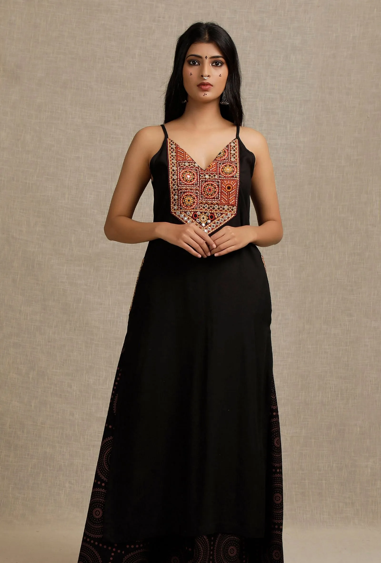 Solid Black Slip Kurta with Yoke Embroidery Details