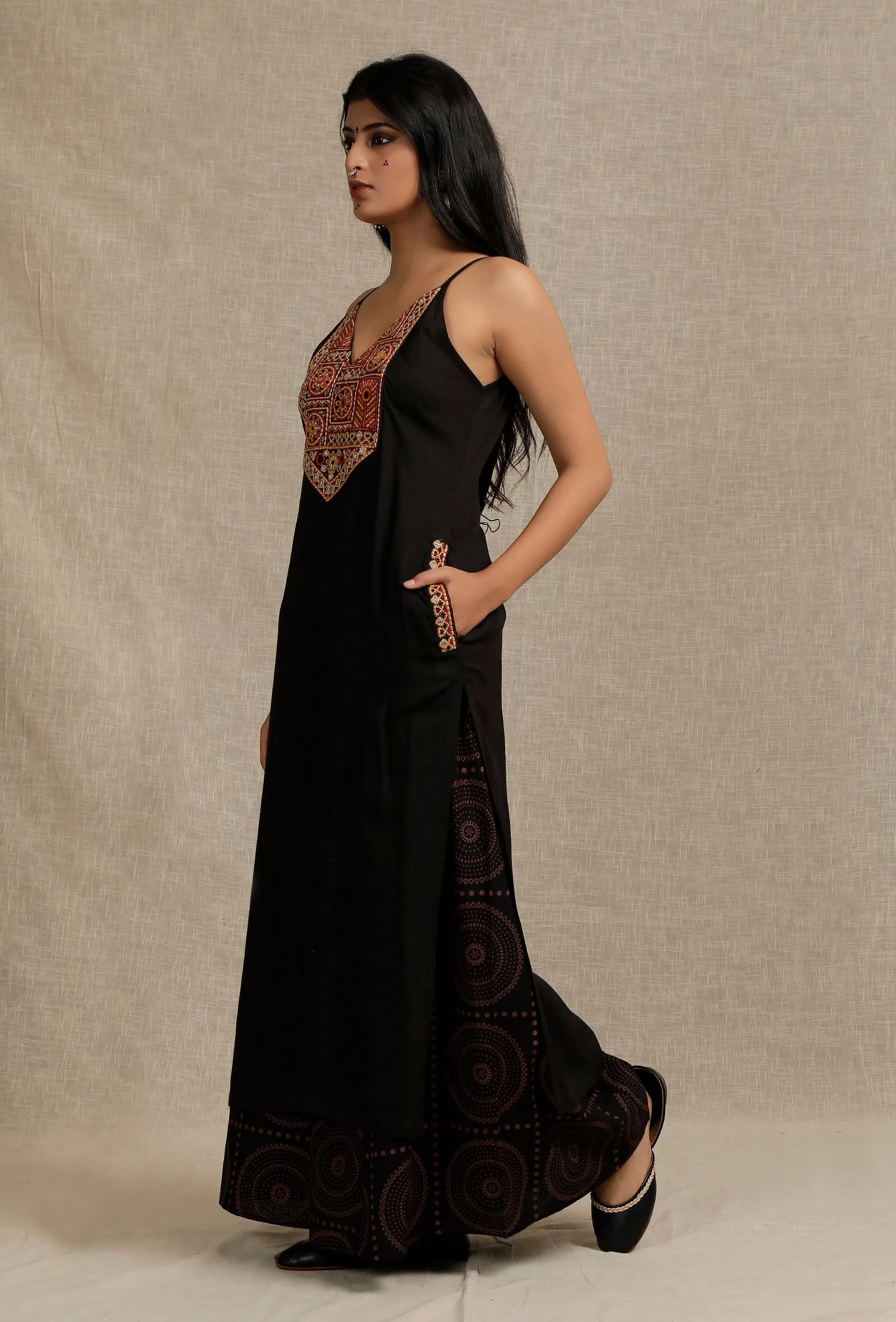 Solid Black Slip Kurta with Yoke Embroidery Details