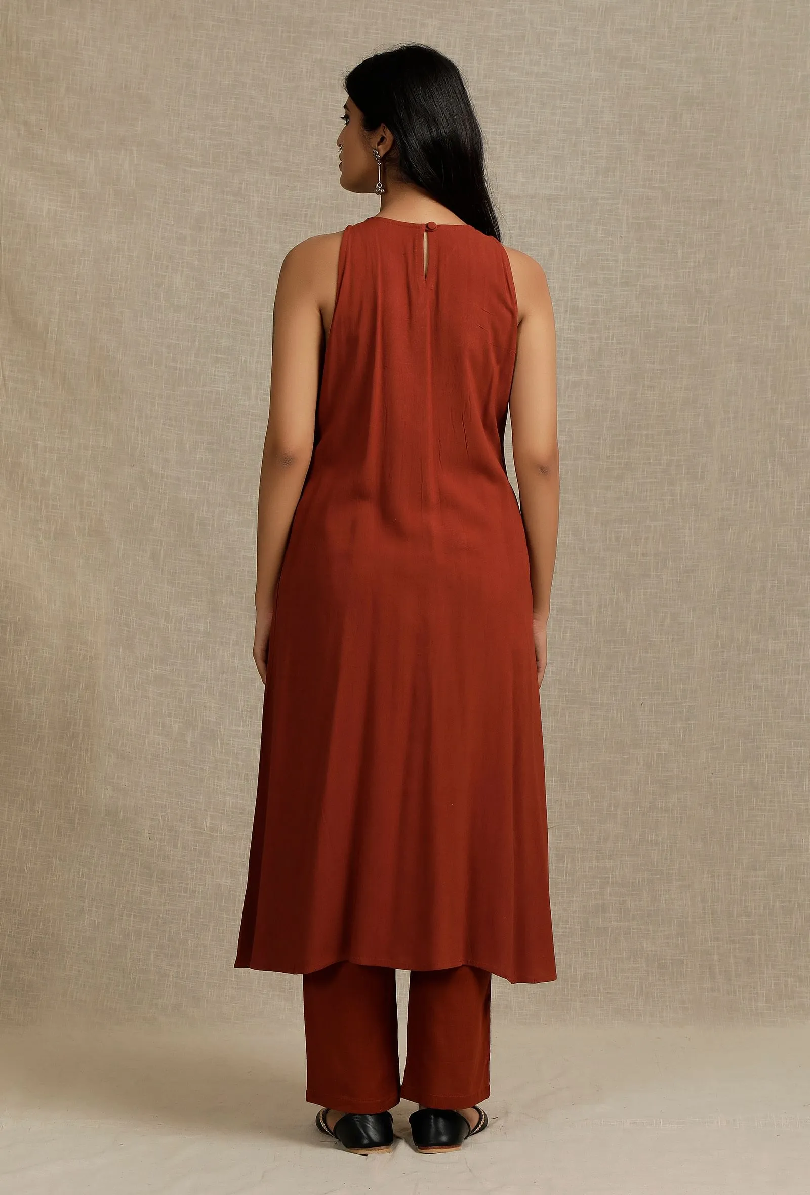 Solid Rust Rayon V neck front gather Kurta with Yoke Embroidery