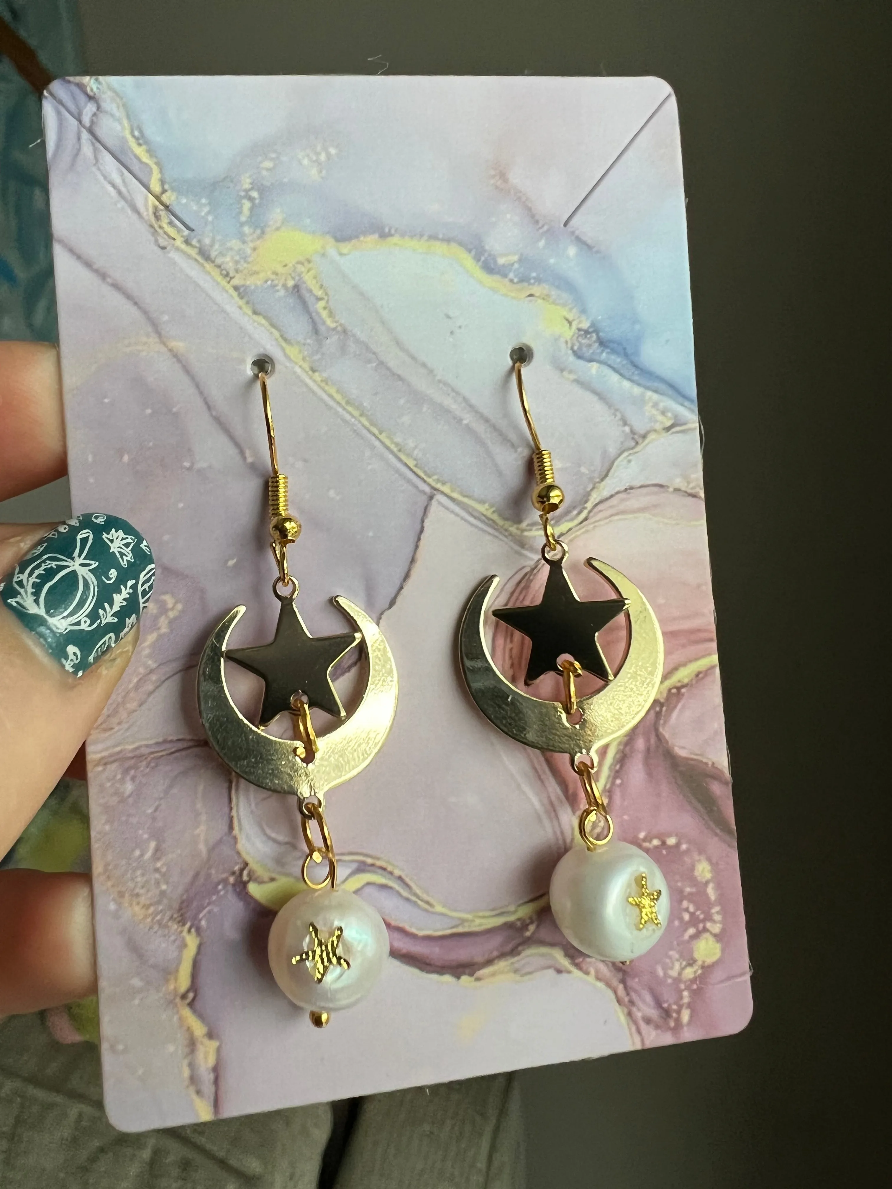 Star and Moon Bohemian Gold Drop Earrings with Freshwater Pearls