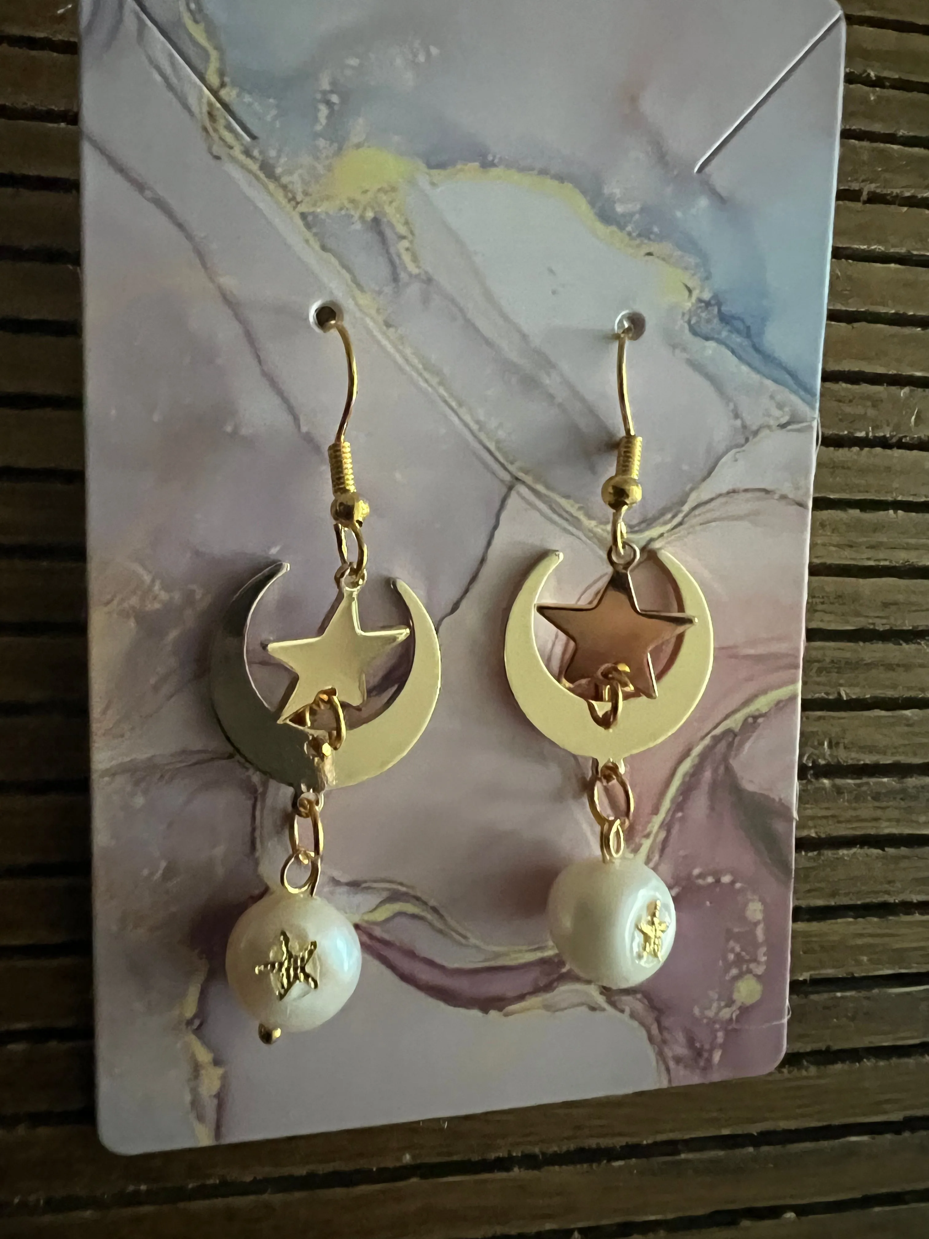 Star and Moon Bohemian Gold Drop Earrings with Freshwater Pearls