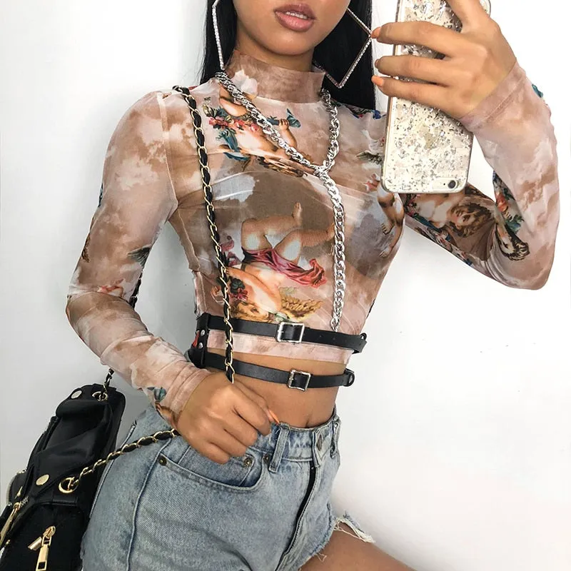 Sweetown Summer 2020 Kawaii Mesh Crop Top Tshirt Greek Mythology Angel Print See Through Top Women Sexy Transparent Beach Shirt