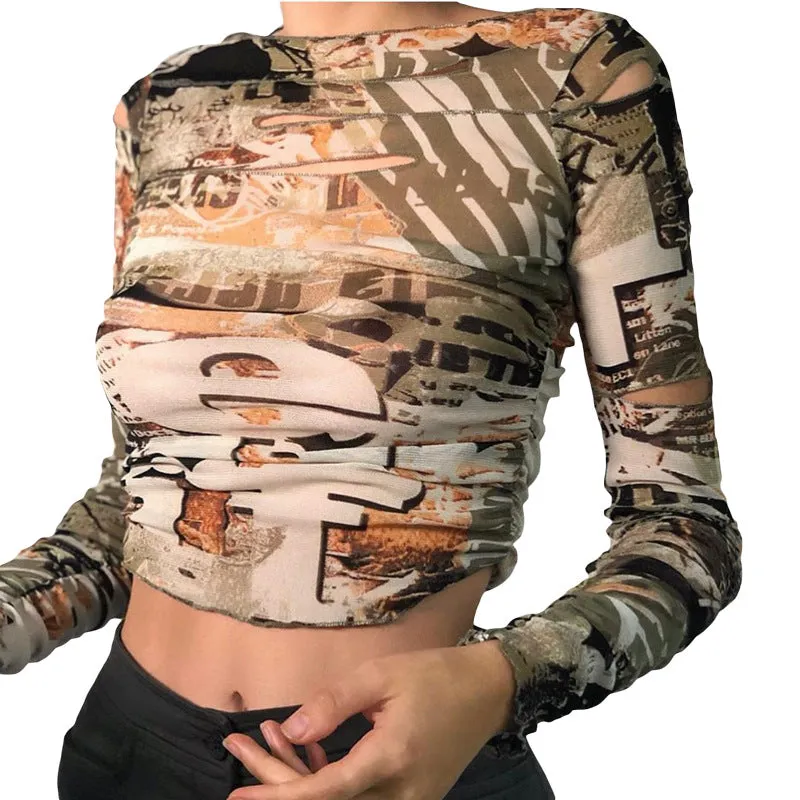 Women's round neck long sleeve fashion printed T-shirt